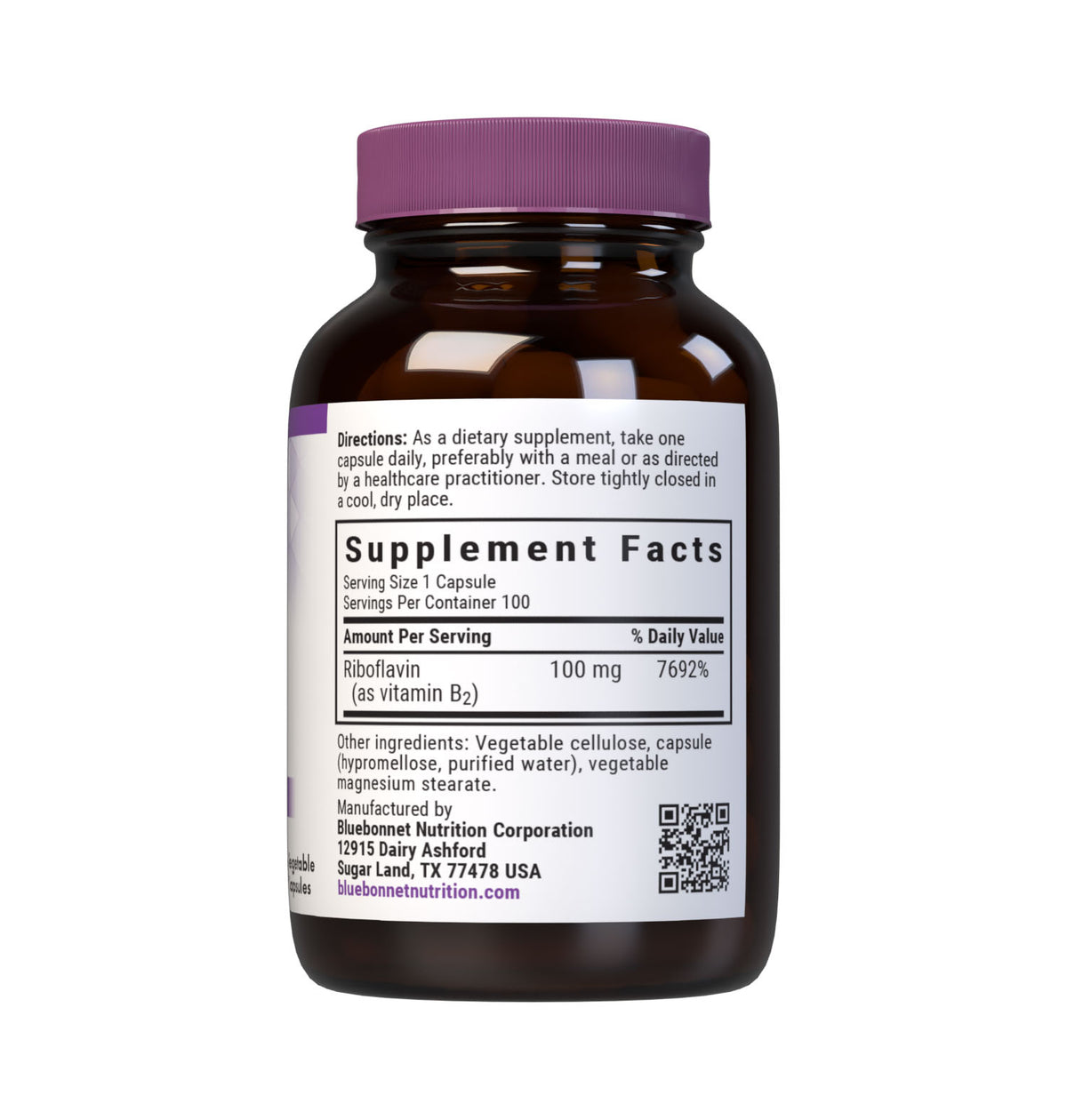 Bluebonnet’s Vitamin B2 100 mg Vegetable Capsules are formulated with vitamin B2 (riboflavin) in its crystalline form, which supports cellular energy production. Supplement facts panel. #size_100 count
