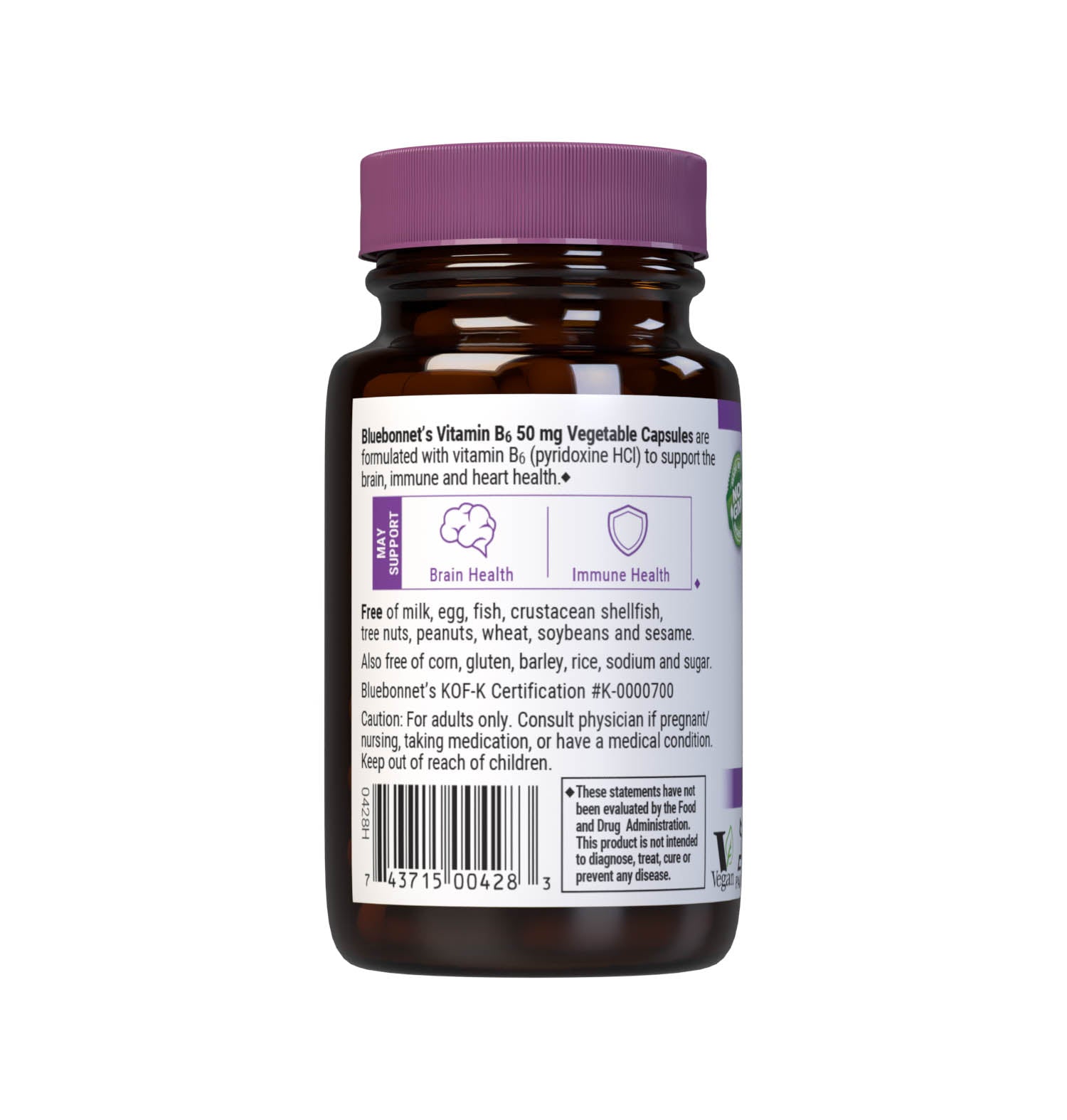 Bluebonnet’s Vitamin B6 50 mg Vegetable Capsules are formulated crystalline vitamin B6 (pyridoxine HCI) which may support nervous system and cardiovascular health. Description panel. #size_90 count