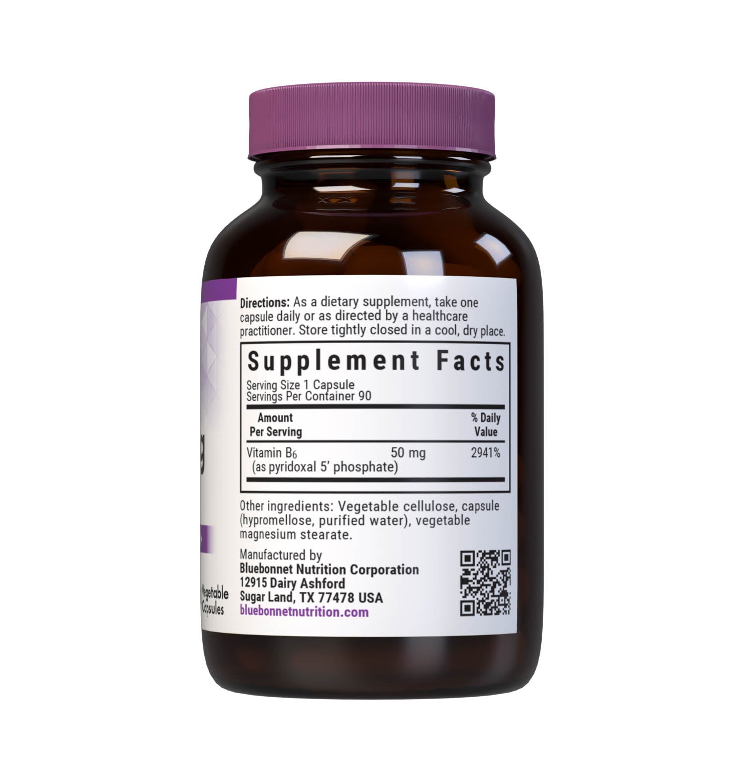 Bluebonnet’s CellularActive® P5P 50 mg Vegetable Capsules are formulated with the active, coenzyme form of vitamin B6 as pyridoxal-5-phosphate, which is better absorbed, retained and utilized in the body. Vitamin B6 helps support cellular energy production as well as nervous and immune system health. Supplement side panel. #size_90 count