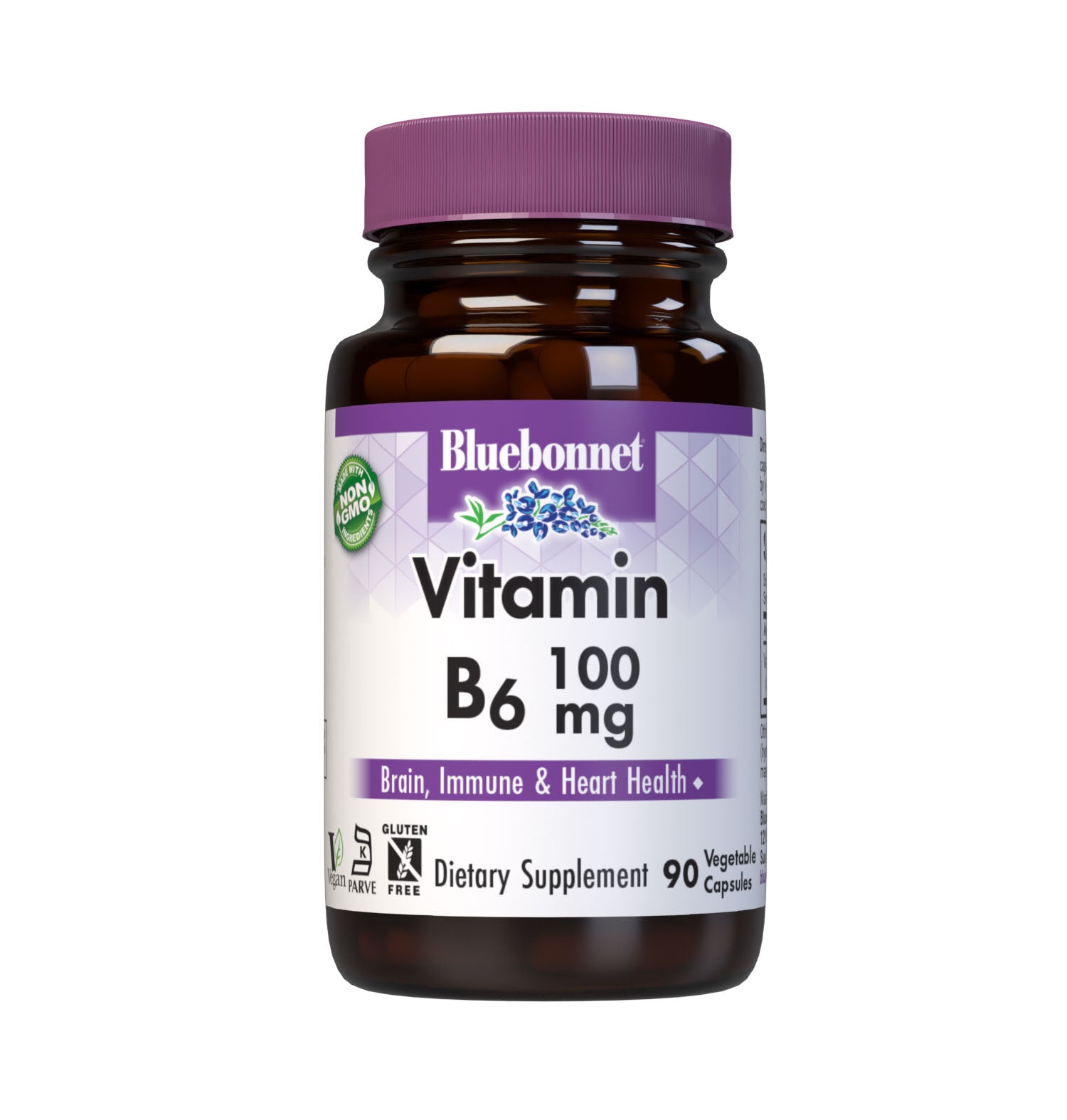 Bluebonnet’s Vitamin B6 100 mg Vegetable Capsules are formulated with crystalline vitamin B6 (pyridoxine HCI) which may support the nervous system, as well as immune and cardiovascular health. #size_90 count