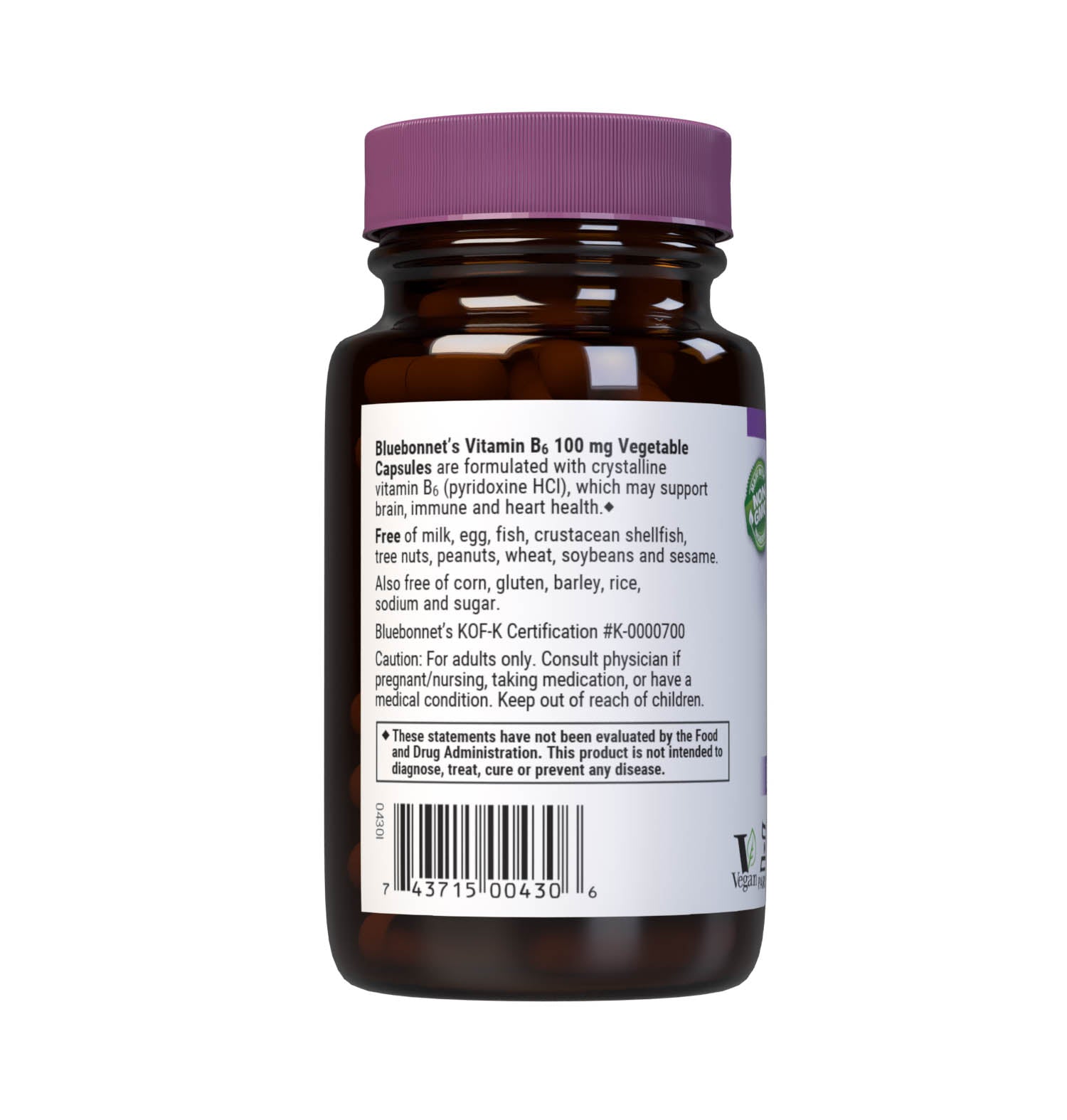 Bluebonnet’s Vitamin B6 100 mg Vegetable Capsules are formulated with crystalline vitamin B6 (pyridoxine HCI) which may support the nervous system, as well as immune and cardiovascular health. Description panel. #size_90 count