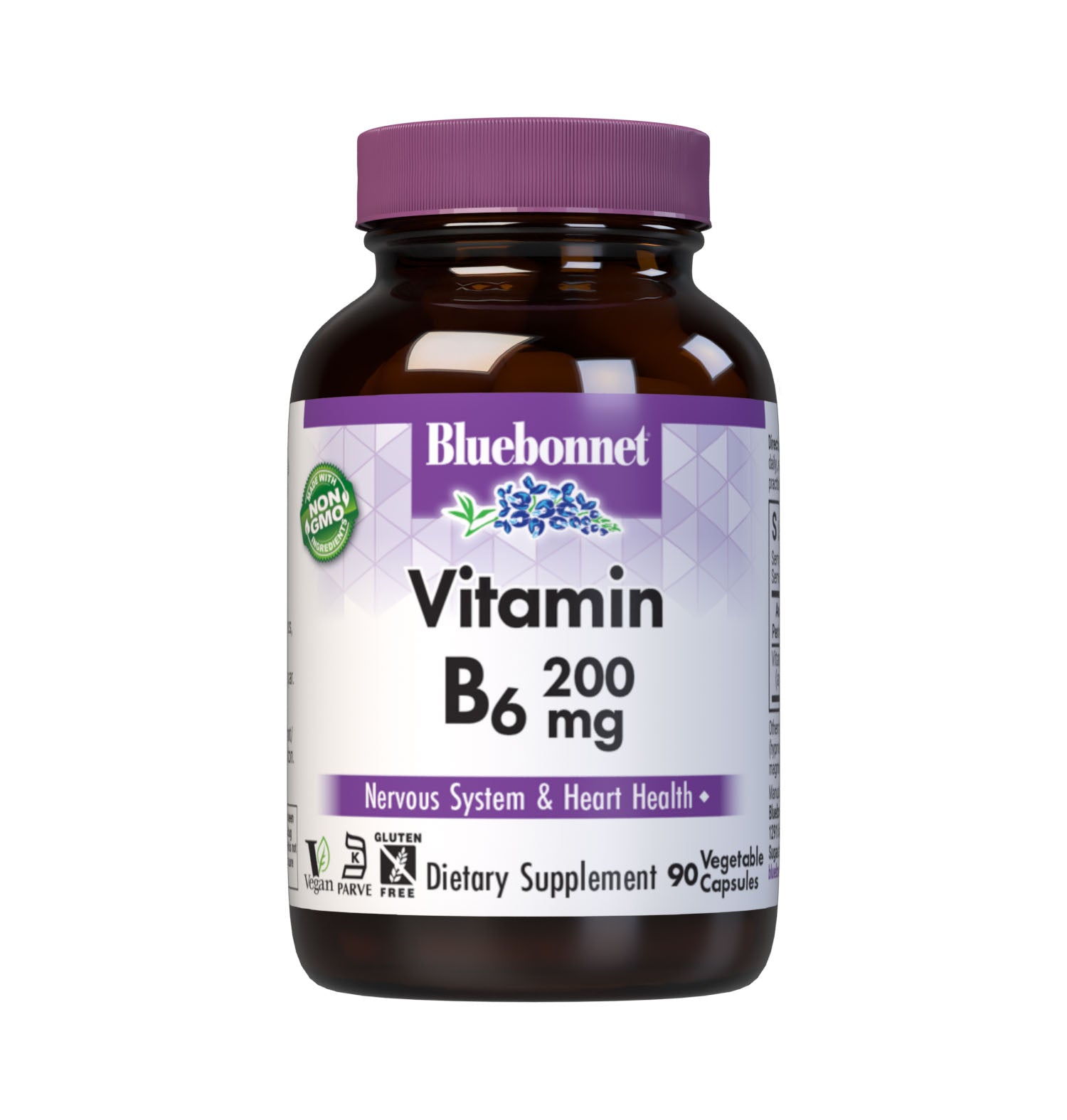 Bluebonnet’s Vitamin B6 200 mg Vegetable Capsules are formulated with crystalline vitamin B6 (pyridoxine HCI) which may support the nervous system, as well as immune and cardiovascular health. #size_90 count