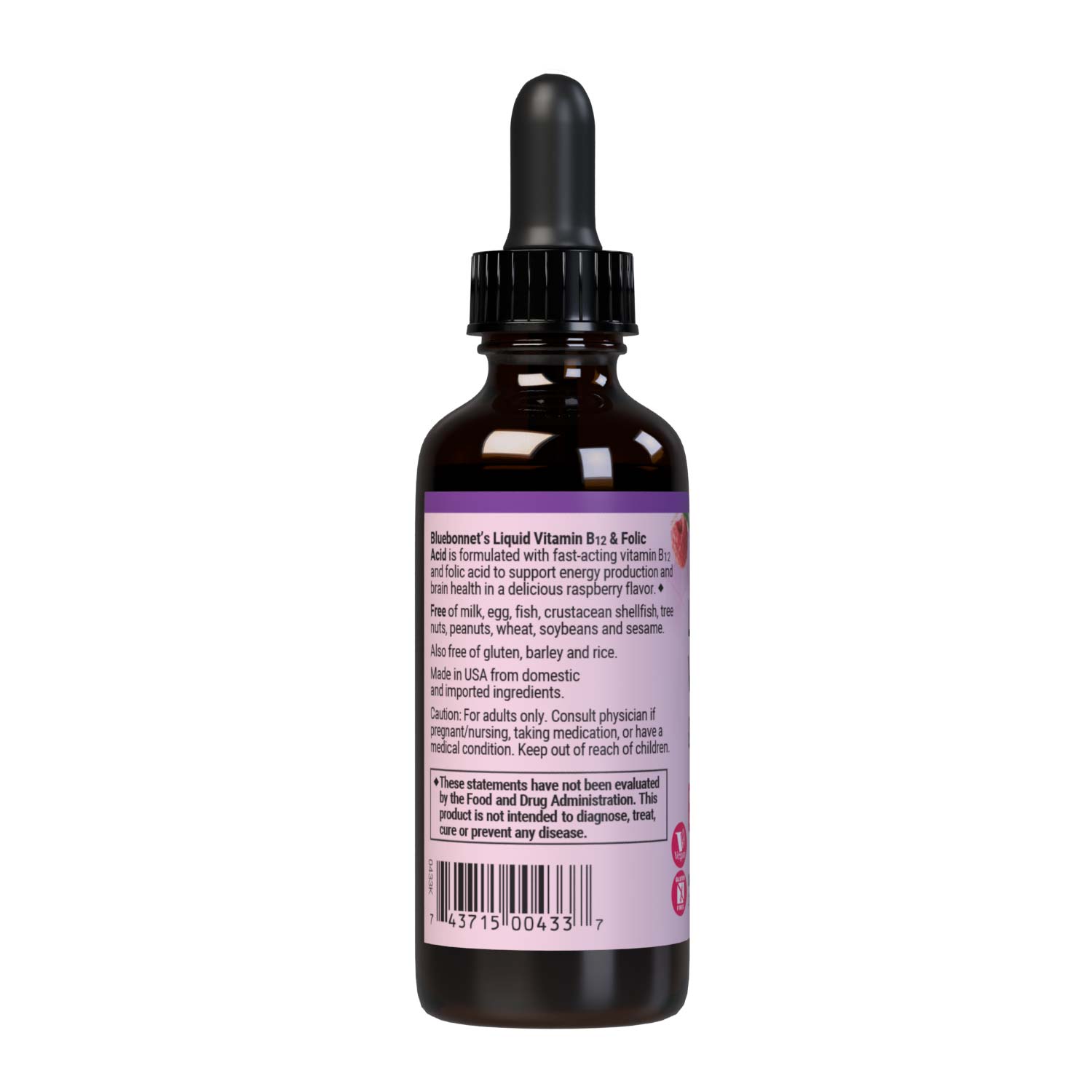 Bluebonnet’s Liquid Vitamin B12 & Folic Acid are formulated with fast-acting vitamin B12 and folic acid that supports cellular energy production and nervous system health. Description panel. #size_2 fl oz
