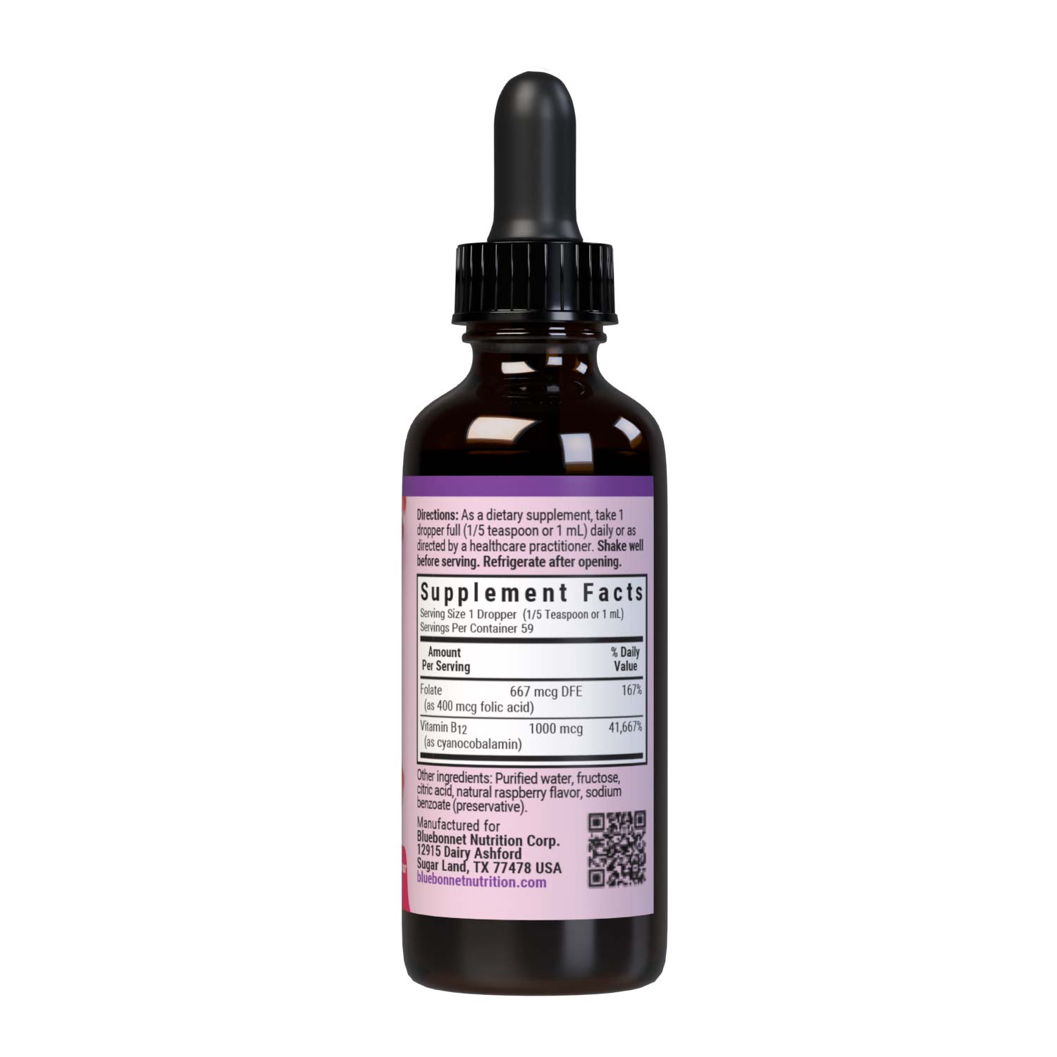 Bluebonnet’s Liquid Vitamin B12 & Folic Acid are formulated with fast-acting vitamin B12 and folic acid that supports cellular energy production and nervous system health. Supplement facts panel. #size_2 fl oz