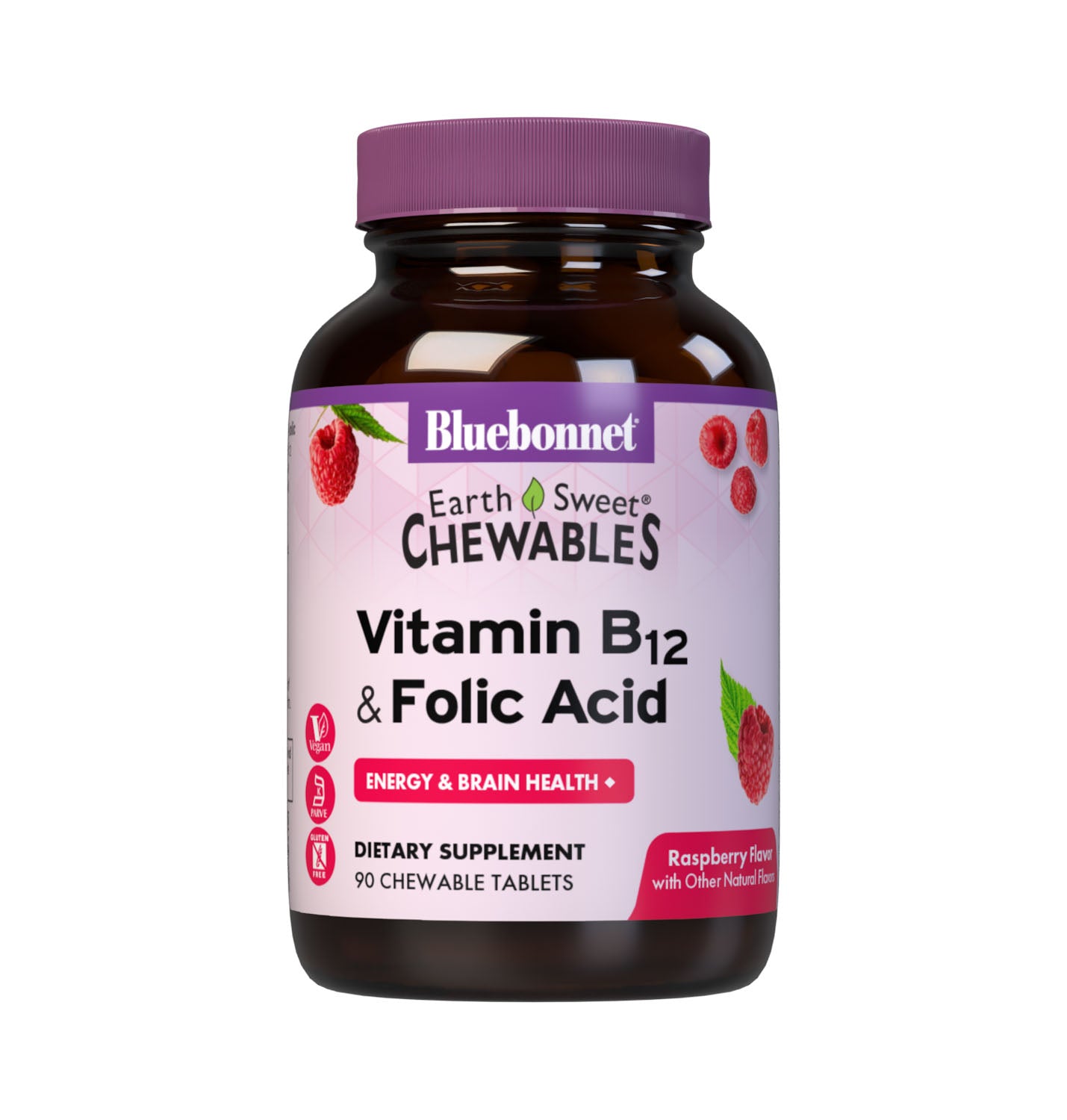 Bluebonnet’s EarthSweet Chewables Vitamin B12 & Folic Acid Tablets are formulated with crystalline vitamin B12 and folic acid that may support cellular energy production and nervous system health in a delicious raspberry flavor. Sweetened with EarthSweet, a proprietary sweetening mix of fruit powders and sugar cane crystals. #size_90 count