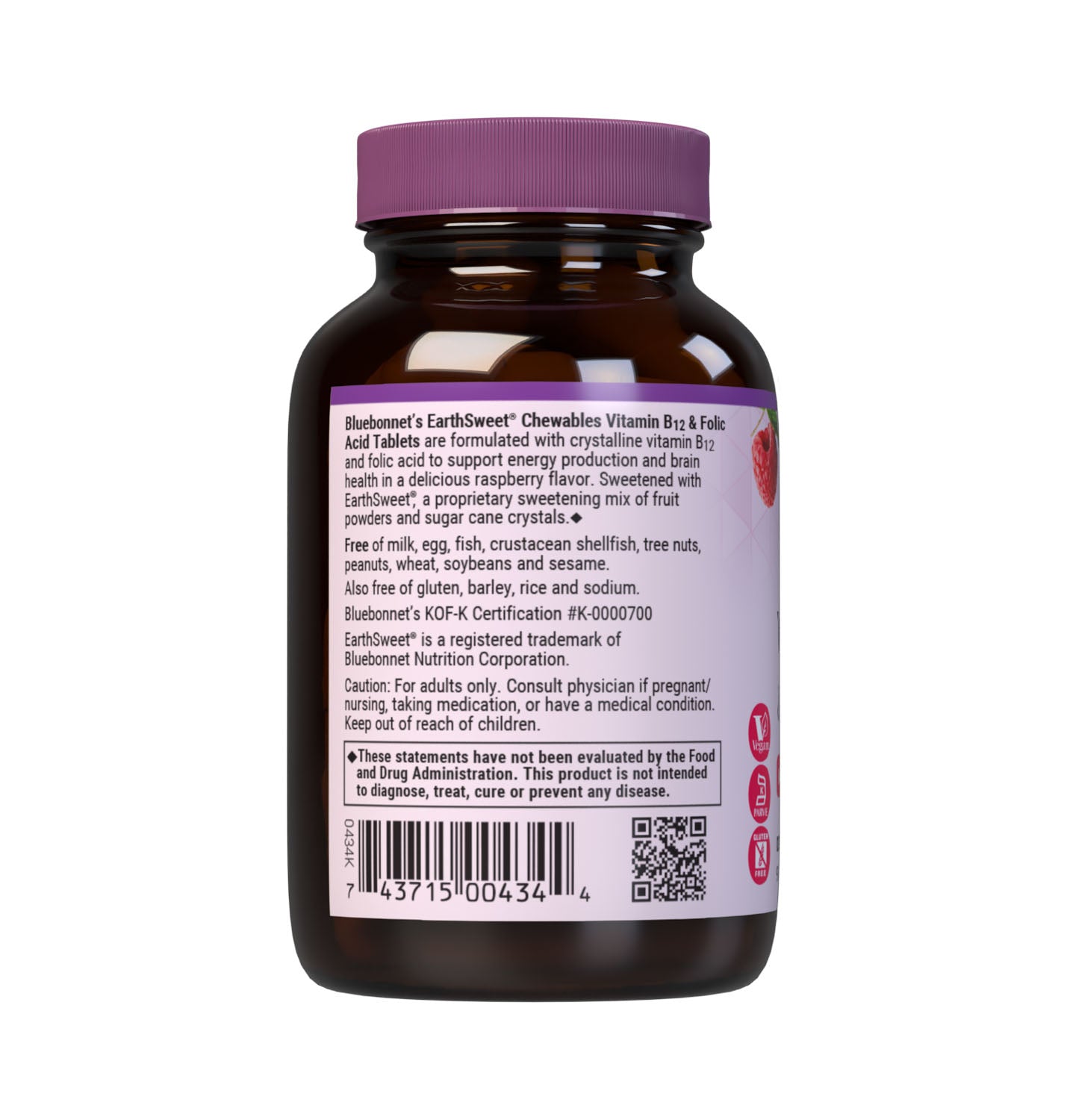 Bluebonnet’s EarthSweet Chewables Vitamin B12 & Folic Acid Tablets are formulated with crystalline vitamin B12 and folic acid that may support cellular energy production and nervous system health in a delicious raspberry flavor. Sweetened with EarthSweet, a proprietary sweetening mix of fruit powders and sugar cane crystals. Description panel. #size_90 count