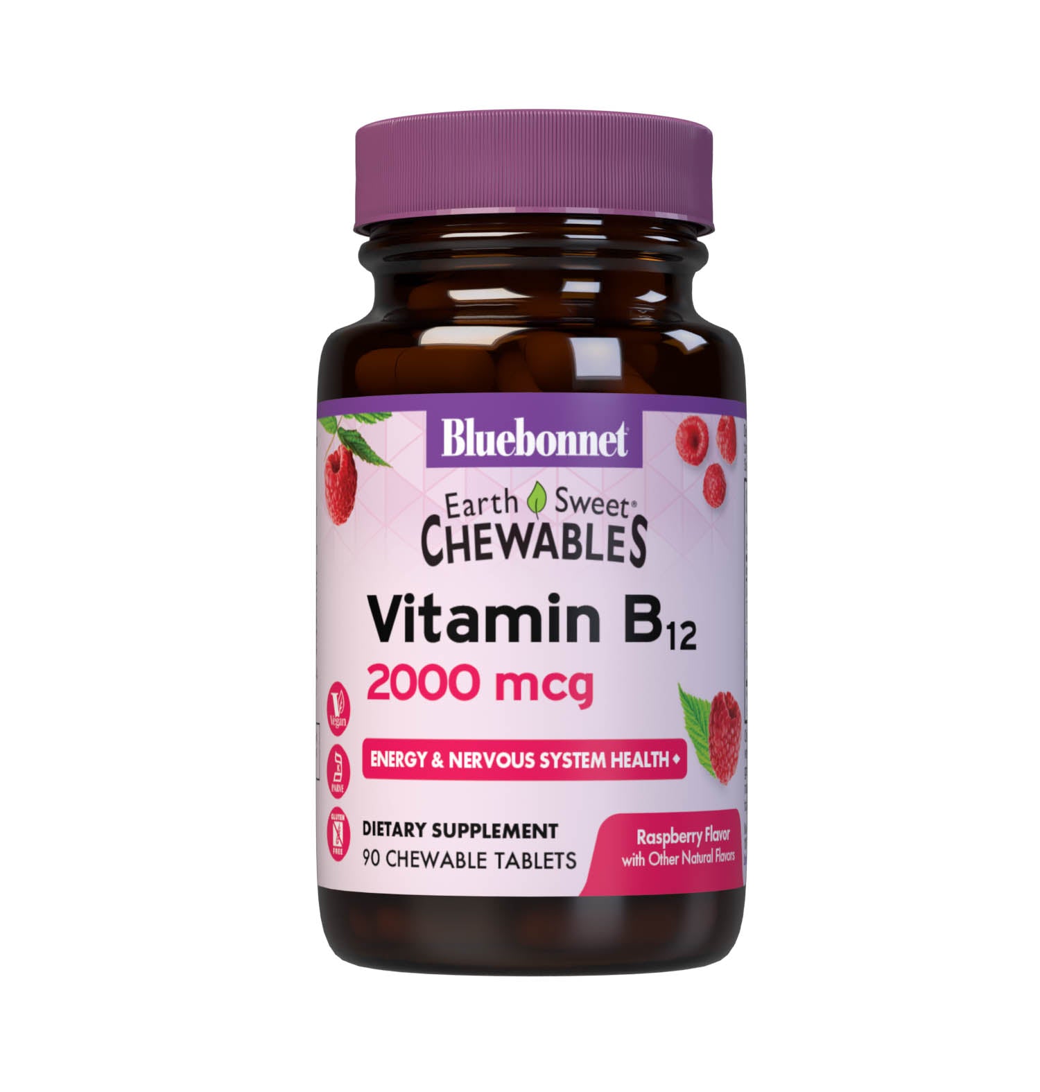 Bluebonnet’s EarthSweet Chewables Vitamin B12 2000 mcg Tablets are formulated with crystalline vitamin B12 that supports cellular energy production and nervous system health in a delicious raspberry flavor. Sweetened with EarthSweet, a proprietary sweetening mix of juice concentrates (wild berry, cranberry, prune, cherry, strawberry, grape, raspberry and bilberry fruits, grape seed and raspberry seed extracts) and cane crystals.  #size_90 count