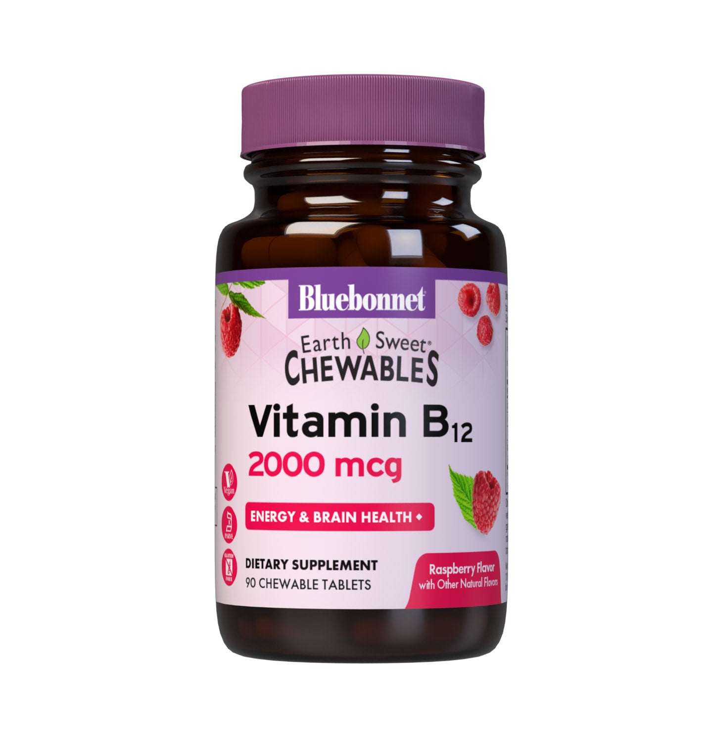 Bluebonnet’s EarthSweet Chewables Vitamin B12 2000 mcg Tablets are formulated with crystalline vitamin B12 that supports cellular energy production and nervous system health in a delicious raspberry flavor. Sweetened with EarthSweet, a proprietary sweetening mix of juice concentrates (wild berry, cranberry, prune, cherry, strawberry, grape, raspberry and bilberry fruits, grape seed and raspberry seed extracts) and cane crystals. #size_90 count
