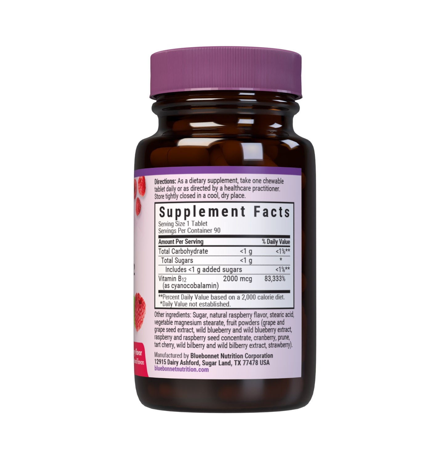 Bluebonnet’s EarthSweet Chewables Vitamin B12 2000 mcg Tablets are formulated with crystalline vitamin B12 that supports cellular energy production and nervous system health in a delicious raspberry flavor. Sweetened with EarthSweet, a proprietary sweetening mix of juice concentrates (wild berry, cranberry, prune, cherry, strawberry, grape, raspberry and bilberry fruits, grape seed and raspberry seed extracts) and cane crystals. Supplement facts panel. #size_90 count