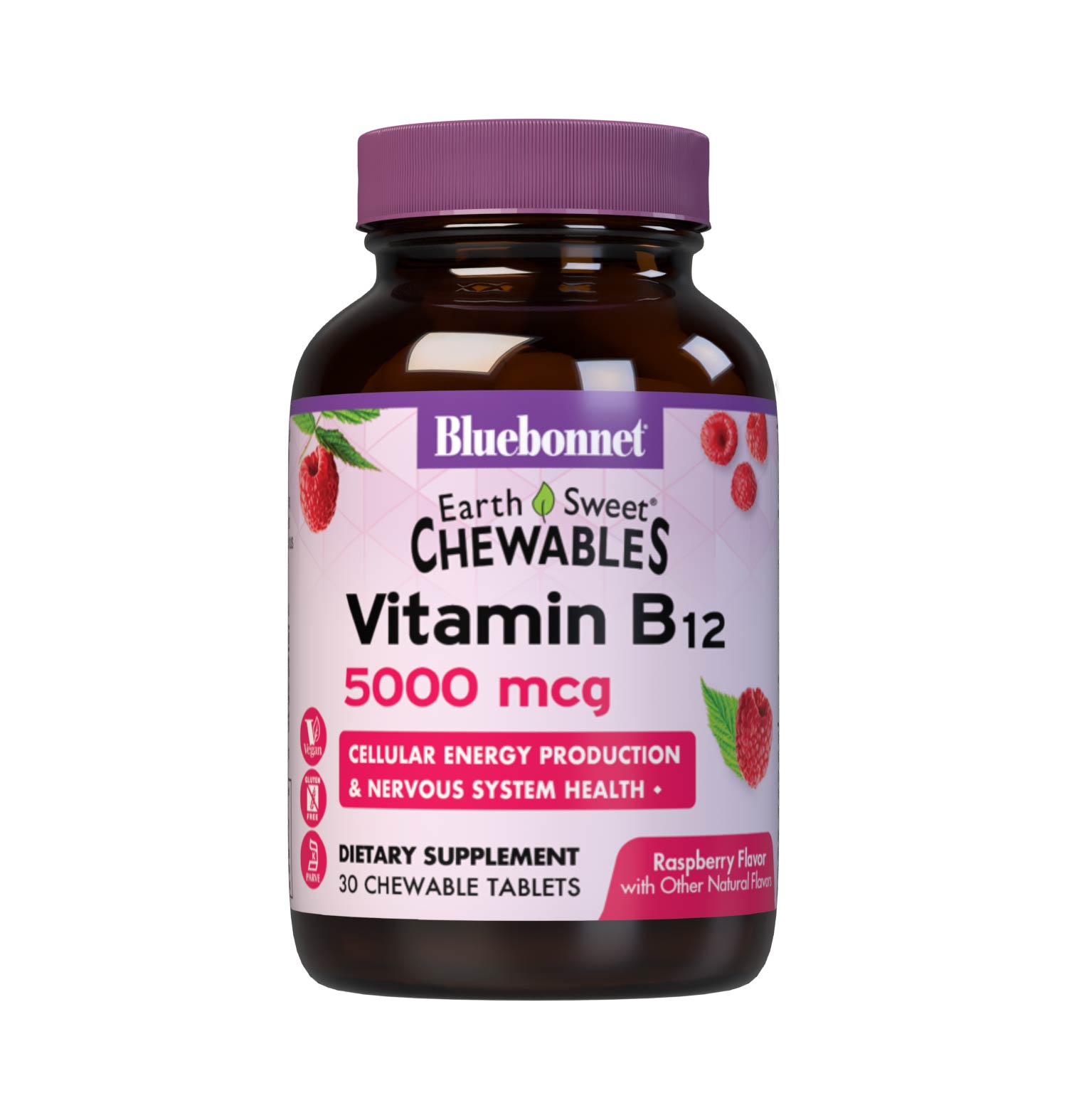 Bluebonnet’s EarthSweet Chewables Vitamin B12 5000 mcg Tablets are formulated with crystalline vitamin B12 that supports cellular energy production and nervous system health in a delicious raspberry flavor. Sweetened with EarthSweet, a proprietary sweetening mix of fruit powders and sugar cane crystals. 30 chewable tablets bottle. #size_30 count