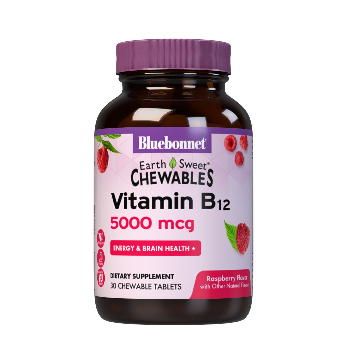 Bluebonnet’s EarthSweet Chewables Vitamin B12 5000 mcg Tablets are formulated with crystalline vitamin B12 that supports cellular energy production and nervous system health in a delicious raspberry flavor. Sweetened with EarthSweet, a proprietary sweetening mix of fruit powders and sugar cane crystals. 30 chewable tablets bottle. #size_30 count