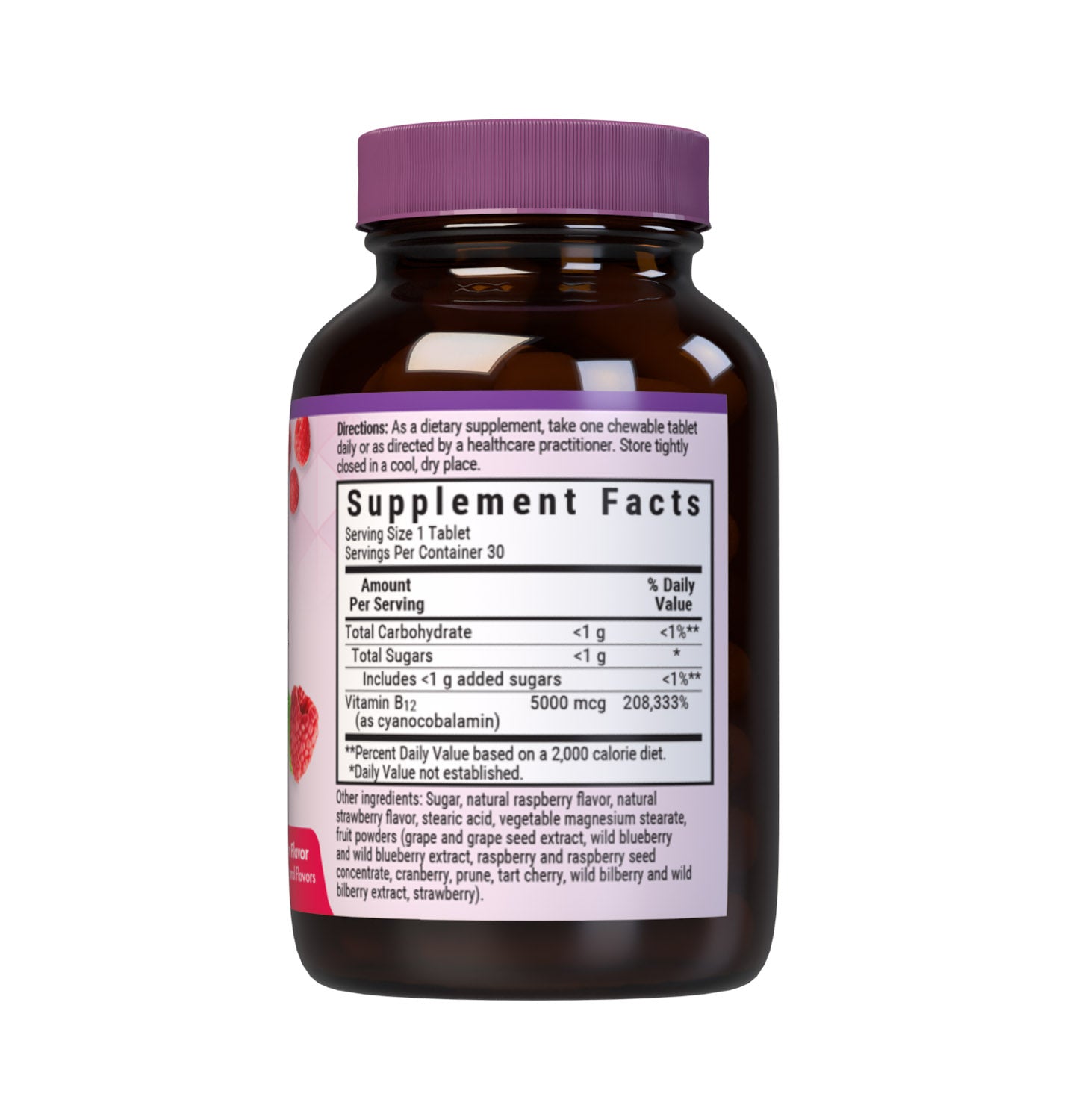 Bluebonnet’s EarthSweet Chewables Vitamin B12 5000 mcg Tablets are formulated with crystalline vitamin B12 that supports cellular energy production and nervous system health in a delicious raspberry flavor. Sweetened with EarthSweet, a proprietary sweetening mix of fruit powders and sugar cane crystals. 30 chewable tablets bottle. Supplement facts panel. #size_30 count