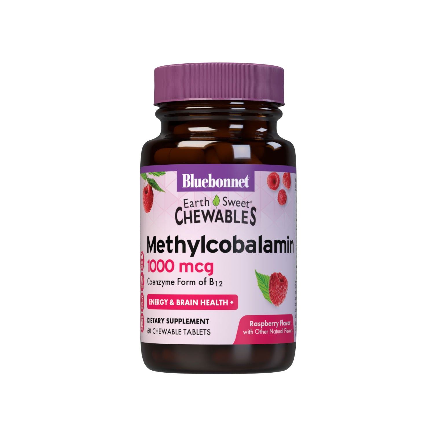 Bluebonnet’s EarthSweet Chewables CellularActive Methylcobalamin 1000 mcg Tablets are formulated with he active, coenzyme form of vitamin B12 that supports cellular energy production and nervous system health in a delicious raspberry flavor. Sweetened with EarthSweet a proprietary sweetening mix of fruit powders and sugar cane crystals. #size_60 count