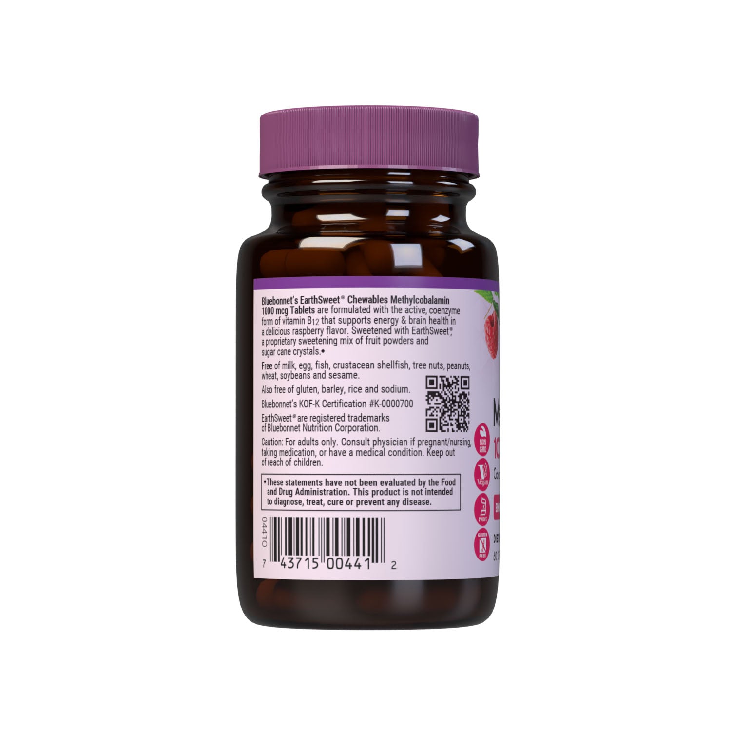 Bluebonnet’s EarthSweet Chewables CellularActive Methylcobalamin 1000 mcg Tablets are formulated with he active, coenzyme form of vitamin B12 that supports cellular energy production and nervous system health in a delicious raspberry flavor. Sweetened with EarthSweet a proprietary sweetening mix of fruit powders and sugar cane crystals. Description panel. #size_60 count