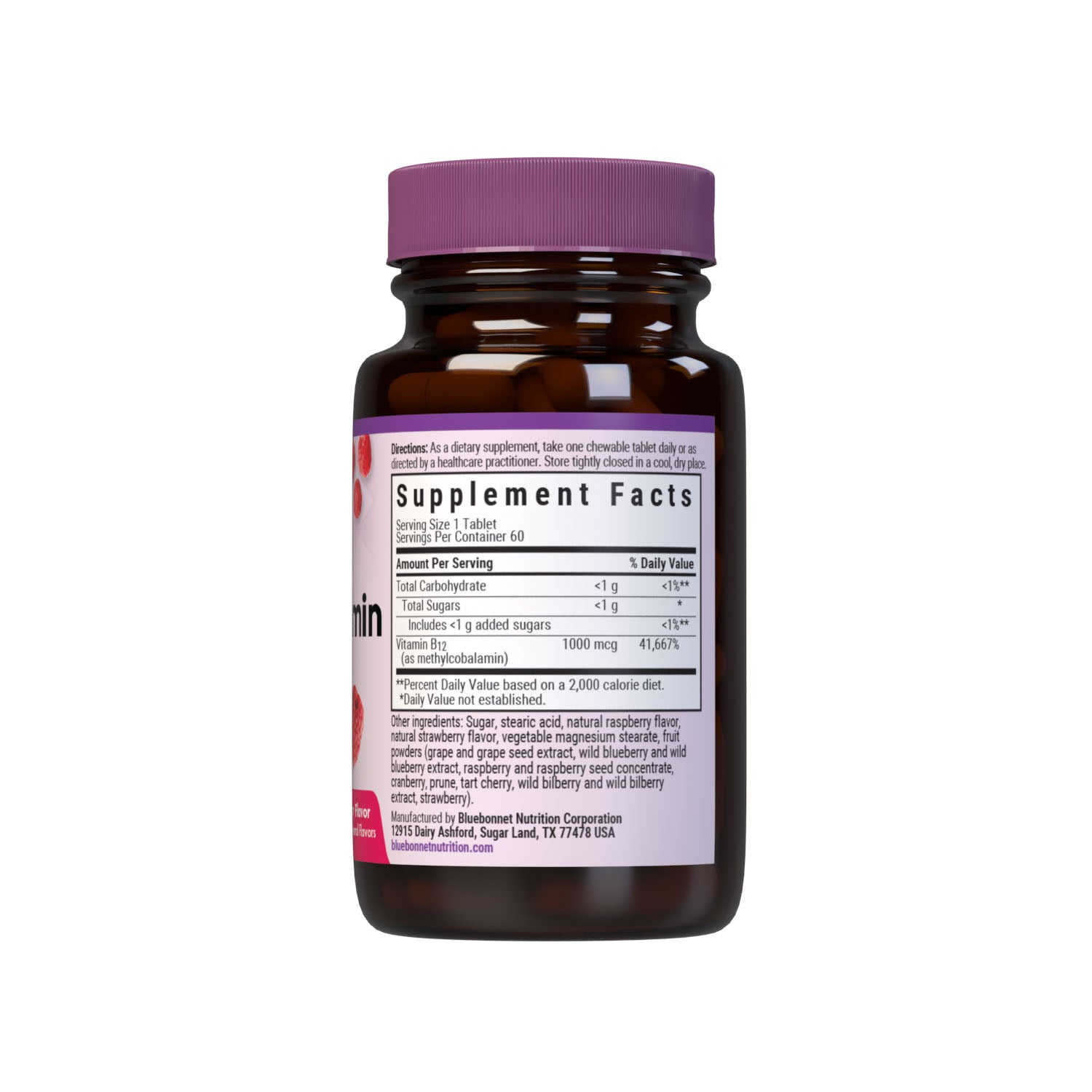 Bluebonnet’s EarthSweet Chewables CellularActive Methylcobalamin 1000 mcg Tablets are formulated with he active, coenzyme form of vitamin B12 that supports cellular energy production and nervous system health in a delicious raspberry flavor. Sweetened with EarthSweet a proprietary sweetening mix of fruit powders and sugar cane crystals. Supplement facts panel. #size_60 count