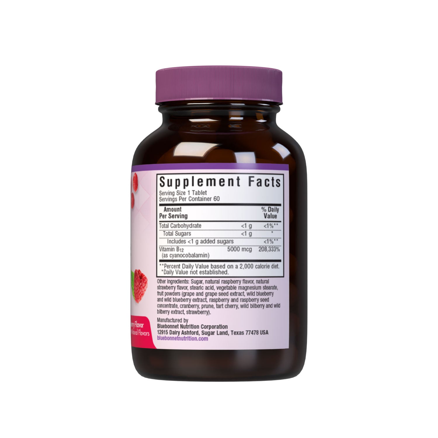 Bluebonnet’s EarthSweet Chewables Vitamin B12 5000 mcg Tablets are formulated with crystalline vitamin B12 that supports cellular energy production and nervous system health in a delicious raspberry flavor. Sweetened with EarthSweet, a proprietary sweetening mix of fruit powders and sugar cane crystals. 30 chewable tablets bottle. Supplement facts panel. #size_60 count