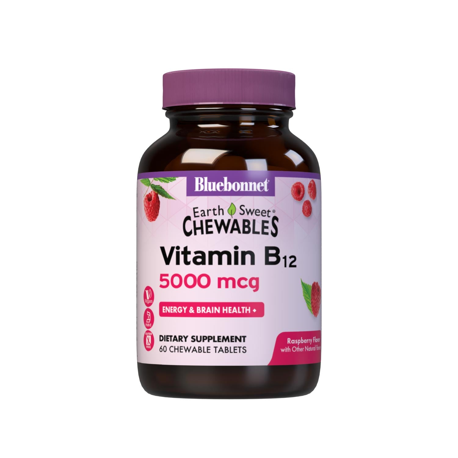Bluebonnet’s EarthSweet Chewables Vitamin B12 5000 mcg Tablets are formulated with crystalline vitamin B12 that supports cellular energy production and nervous system health in a delicious raspberry flavor. Sweetened with EarthSweet, a proprietary sweetening mix of fruit powders and sugar cane crystals. 30 chewable tablets bottle. #size_60 count