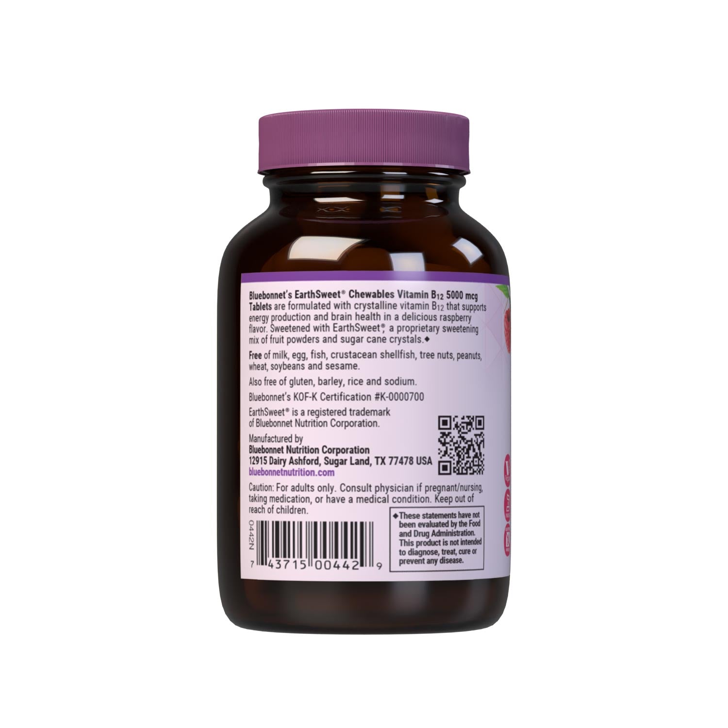 Bluebonnet’s EarthSweet Chewables Vitamin B12 5000 mcg Tablets are formulated with crystalline vitamin B12 that supports cellular energy production and nervous system health in a delicious raspberry flavor. Sweetened with EarthSweet, a proprietary sweetening mix of fruit powders and sugar cane crystals. 30 chewable tablets bottle. Description panel. #size_60 count