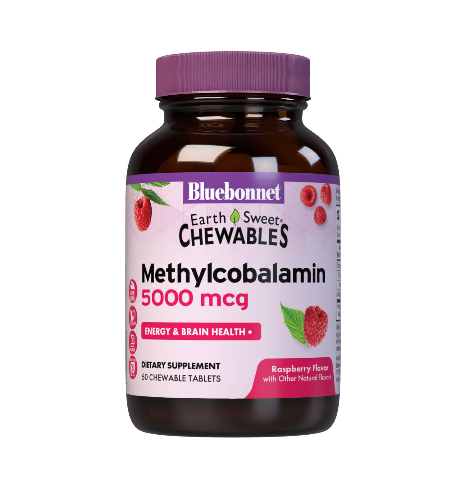 Bluebonnet’s EarthSweet Chewables CellularActive Methylcobalamin 5000 mcg Tablets are formulated with the active, coenzyme form of vitamin B12 that supports cellular energy production and nervous system health in a delicious raspberry flavor. Sweetened with EarthSweet a proprietary sweetening mix of juice powders and sugar cane crystals. 60 chewable tablets bottle. #size_60 count