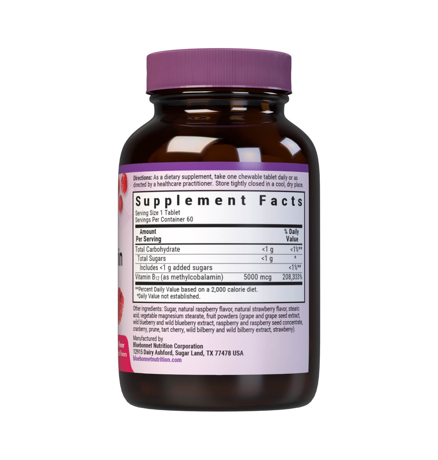 Bluebonnet’s EarthSweet Chewables CellularActive Methylcobalamin 5000 mcg Tablets are formulated with the active, coenzyme form of vitamin B12 that supports cellular energy production and nervous system health in a delicious raspberry flavor. Sweetened with EarthSweet a proprietary sweetening mix of juice powders and sugar cane crystals. 60 chewable tablets bottle. Supplement facts panel. #size_60 count