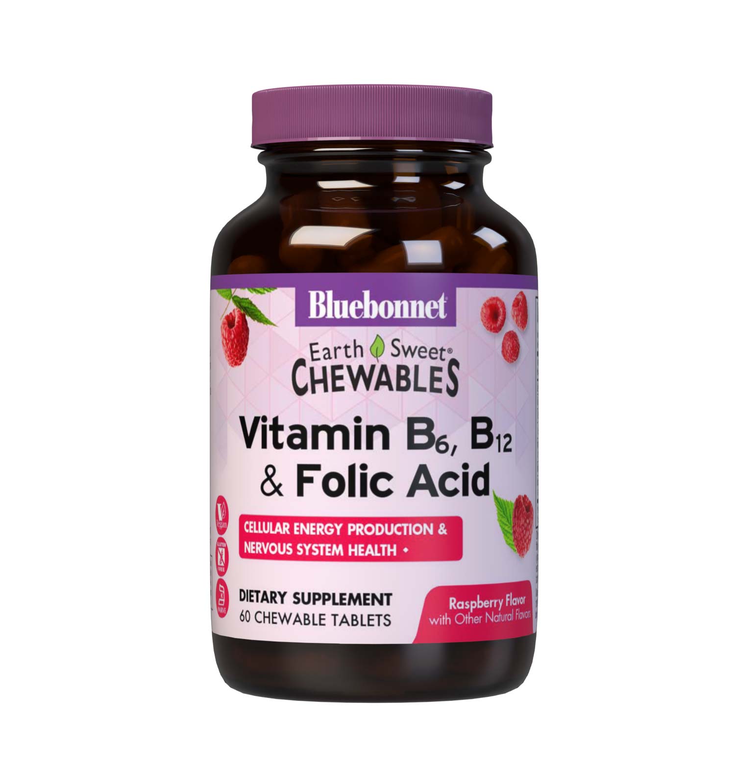 Bluebonnet's EarthSweet Chewables Vitamin B6, B12 and Folic Acid Tablets are formulated with crystalline vitamin B6 (pyridoxine HCl), vitamin B12 (cyanocobalamin) and folic acid that supports cellular energy production and nervous system health in a delicious raspberry flavor. Sweetened with EarthSweet, a proprietary sweetening mix of fruit powders and sugar cane crystals. #size_60 count