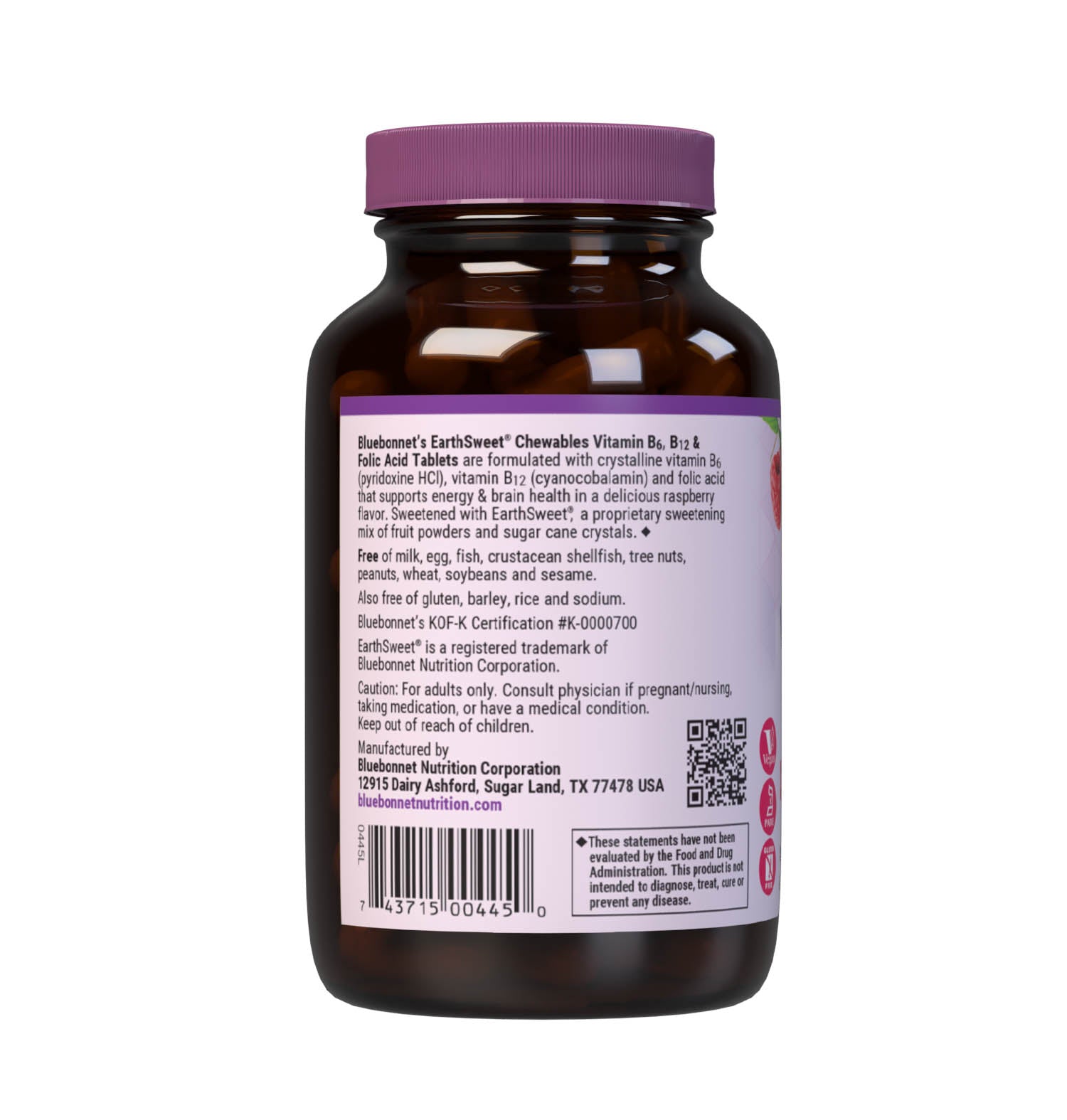 Bluebonnet's EarthSweet Chewables Vitamin B6, B12 and Folic Acid Tablets are formulated with crystalline vitamin B6 (pyridoxine HCl), vitamin B12 (cyanocobalamin) and folic acid that supports cellular energy production and nervous system health in a delicious raspberry flavor. Sweetened with EarthSweet, a proprietary sweetening mix of fruit powders and sugar cane crystals. Description panel. #size_60 count