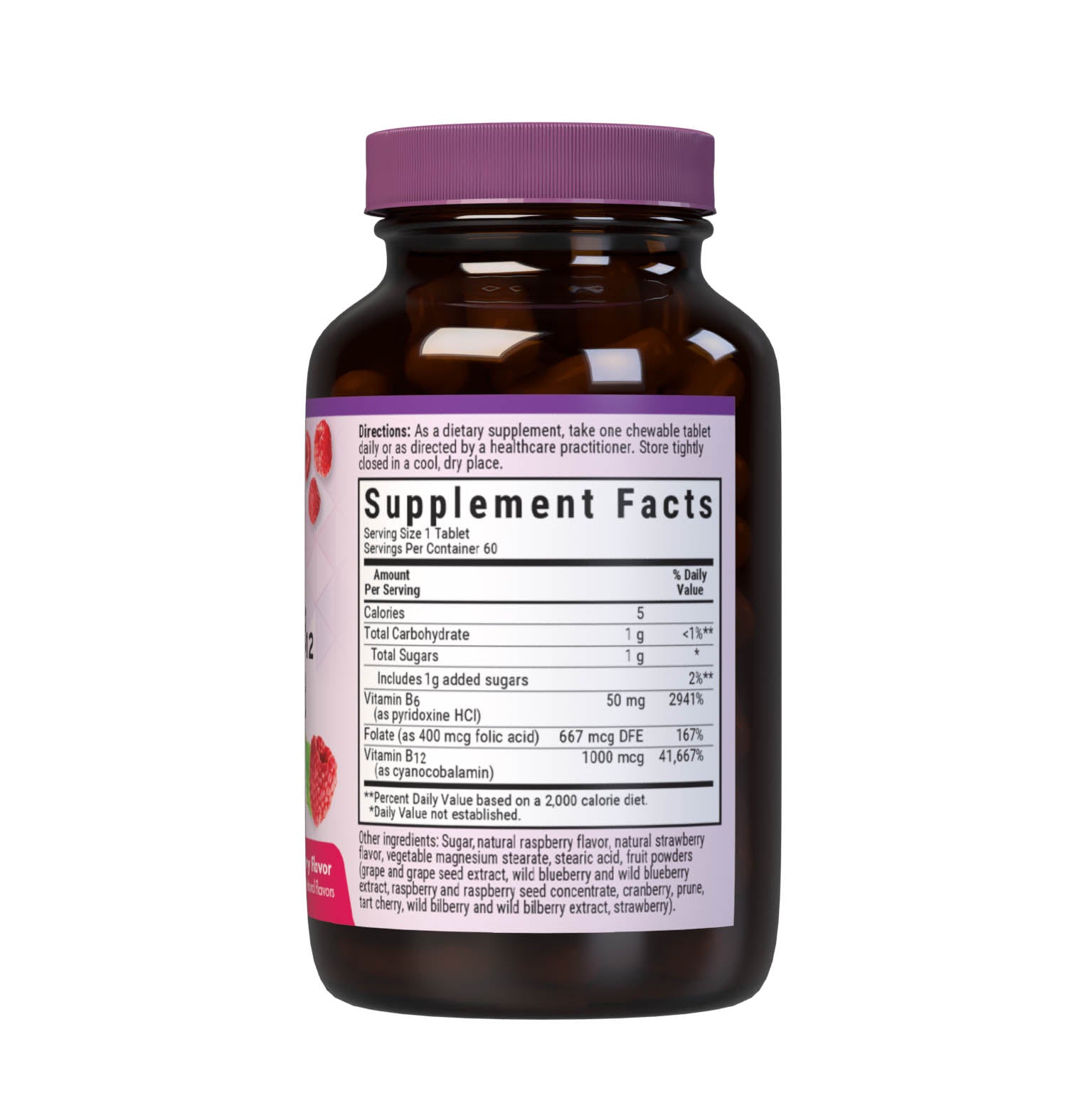 Bluebonnet's EarthSweet Chewables Vitamin B6, B12 and Folic Acid Tablets are formulated with crystalline vitamin B6 (pyridoxine HCl), vitamin B12 (cyanocobalamin) and folic acid that supports cellular energy production and nervous system health in a delicious raspberry flavor. Sweetened with EarthSweet, a proprietary sweetening mix of fruit powders and sugar cane crystals. Supplement facts panel. #size_60 count