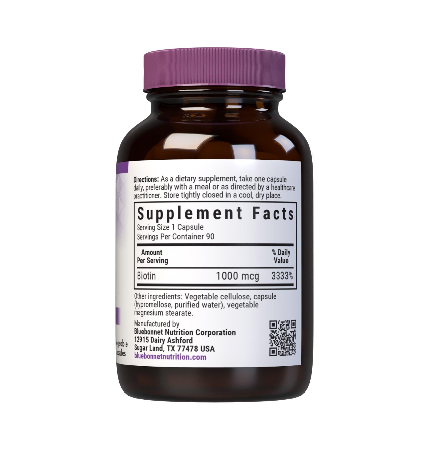 Bluebonnet’s Biotin 1000 mcg Capsules are formulated with yeast-free biotin in its crystalline form to support healthy hair and strong, durable nails. Supplement facts panel. #size_90 count