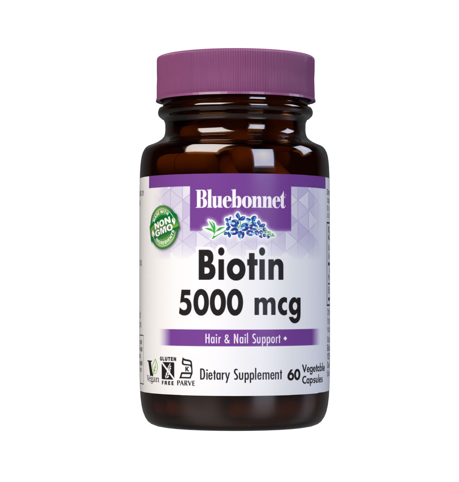 Bluebonnet’s Biotin 5000 mcg Capsules are formulated with yeast-free biotin in its crystalline form to support healthy hair and strong, durable nails. #size_60 count