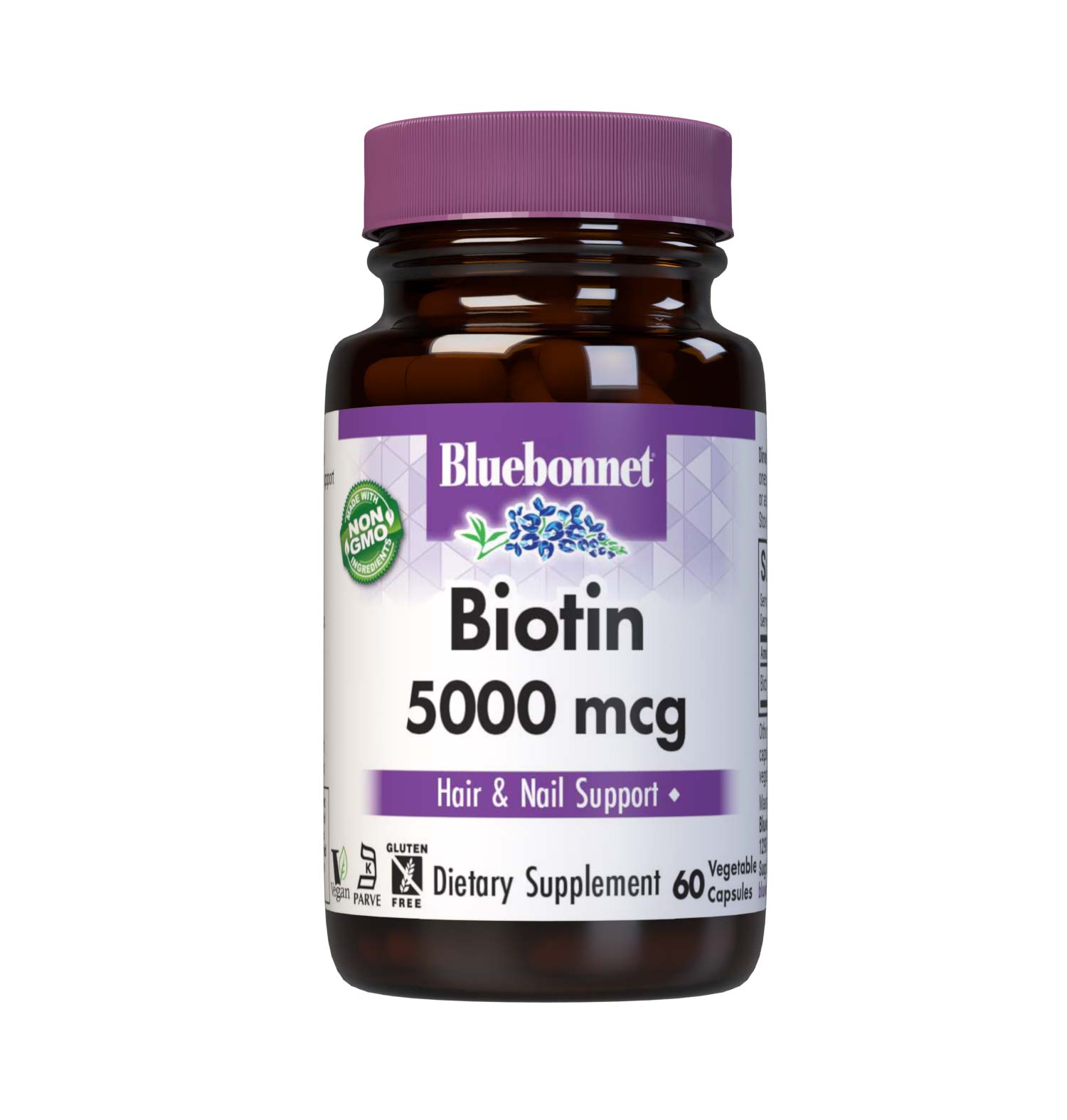 Bluebonnet’s Biotin 5000 mcg Capsules are formulated with yeast-free biotin in its crystalline form to support healthy hair and strong, durable nails.  #size_60 count