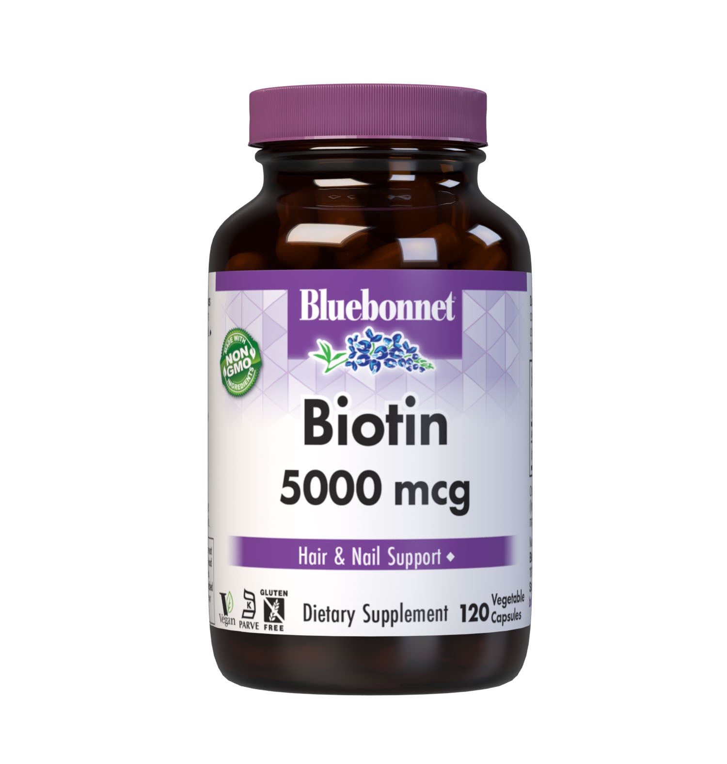 Bluebonnet’s Biotin 5000 mcg Capsules are formulated with yeast-free biotin in its crystalline form to support healthy hair and strong, durable nails. #size_120 count