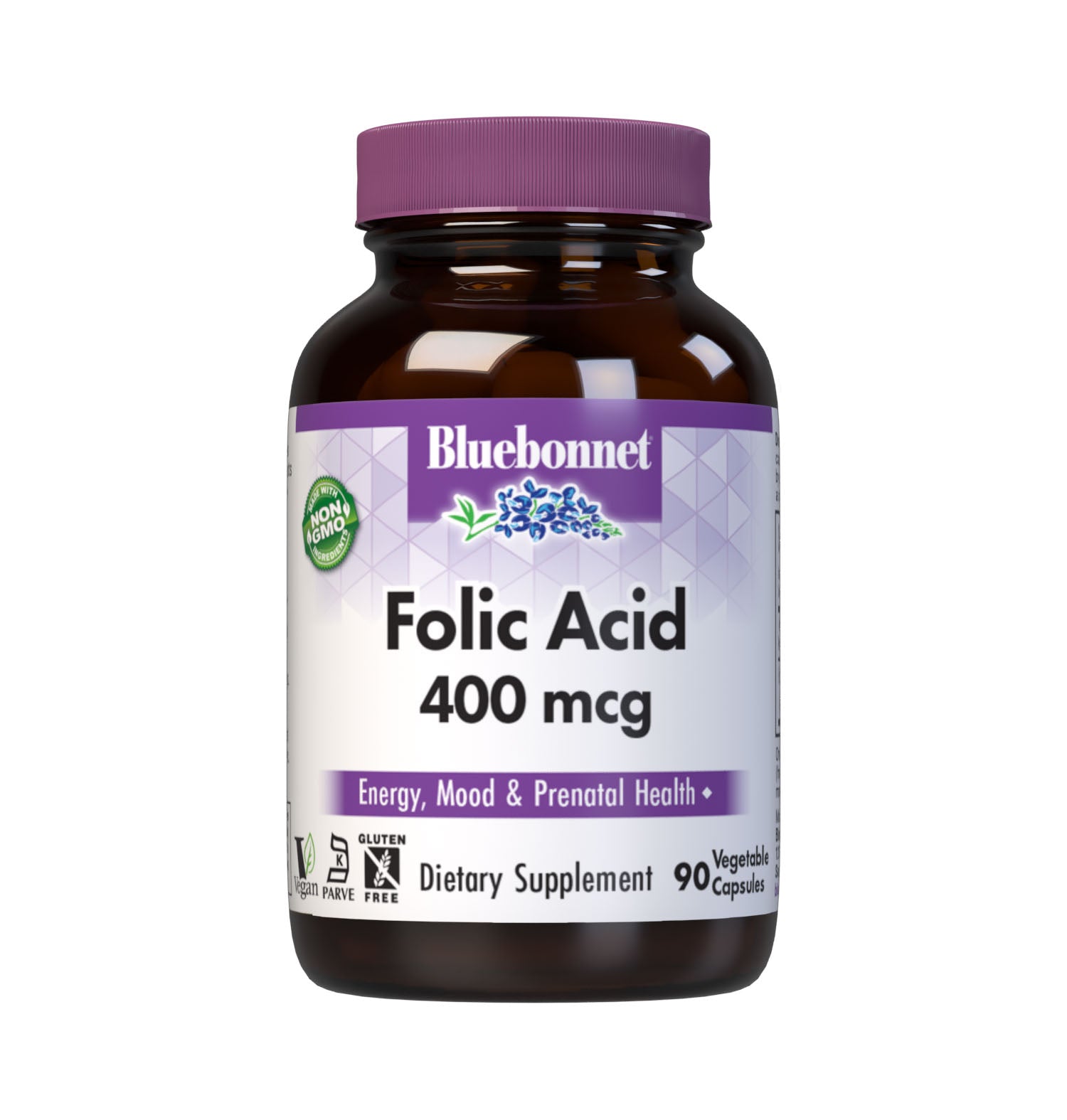 Bluebonnet’s Folic Acid 400 mcg Vegetable Capsules are formulated with folate in its crystalline form which may help support neural tube development. #size_90 count