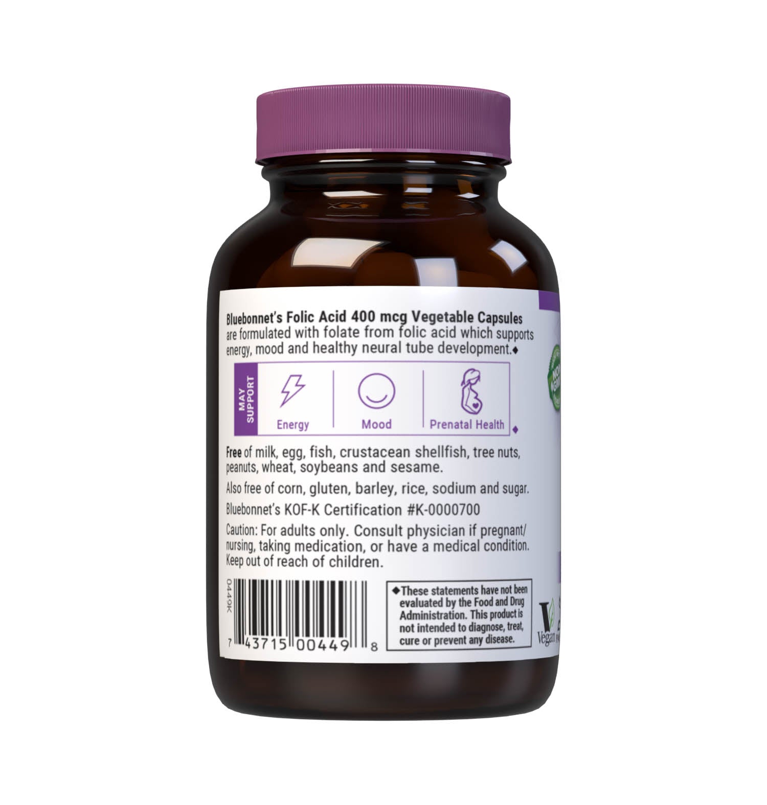 Bluebonnet’s Folic Acid 400 mcg Vegetable Capsules are formulated with folate in its crystalline form which may help support neural tube development. Description panel. #size_90 count