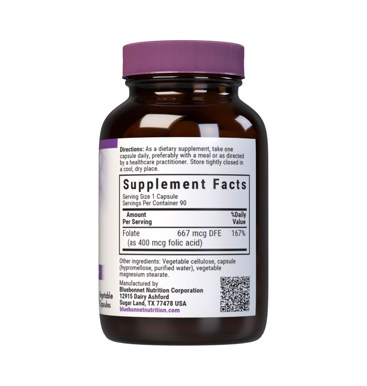 Bluebonnet’s Folic Acid 400 mcg Vegetable Capsules are formulated with folate in its crystalline form which may help support neural tube development. Supplement facts panel. #size_90 count