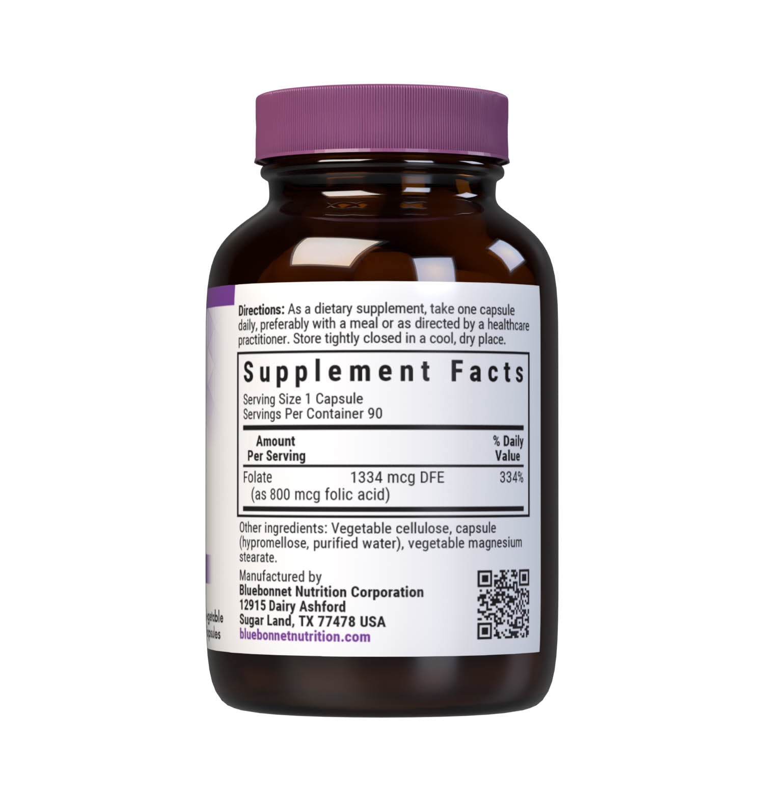 Bluebonnet’s Folic Acid 800 mcg Vegetable Capsules are formulated with folate in its crystalline form which may help support neural tube development. Supplement facts panel. #size_90 count