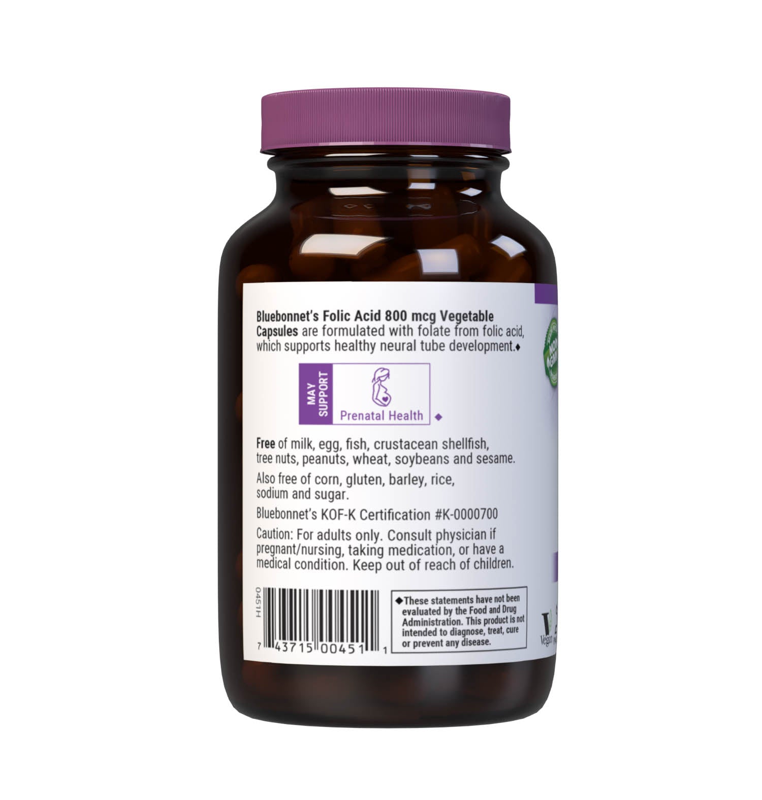 Bluebonnet’s Folic Acid 800 mcg Vegetable Capsules are formulated with folate in its crystalline form which may help support neural tube development. Description panel. #size_180 count