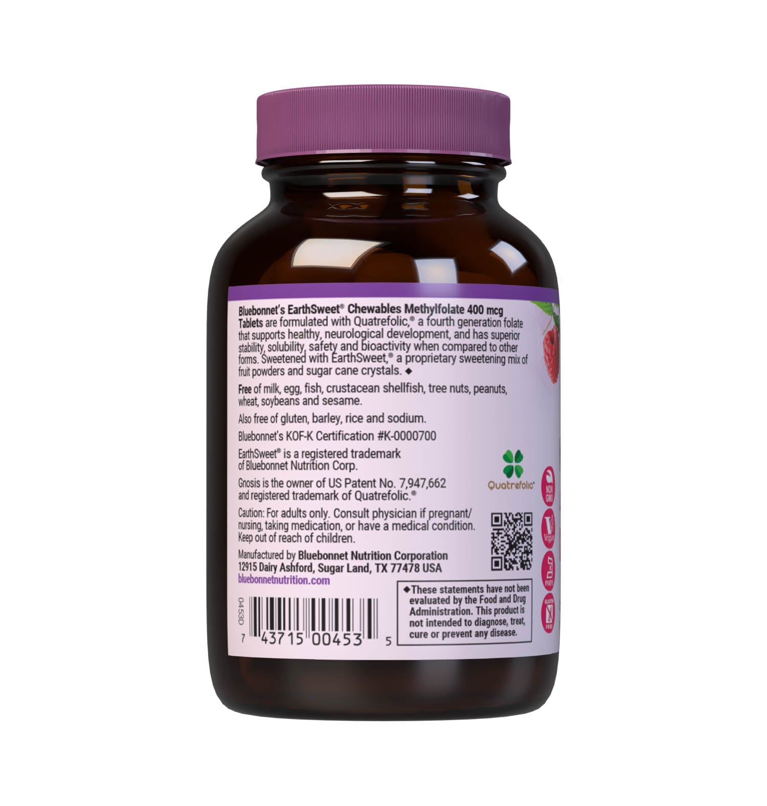 Bluebonnet’s EarthSweet Chewables CellularActive Methylfolate 400 mcg Tablets are formulated with QuatreFolic a fourth generation folate that supports healthy neurological development, and that has superior stability, solubility, safety and bioactivity when compared to other forms. This product sweetened with EarthSweet a proprietary sweetening mix of fruit powders and sugar cane crystals. Description panel. #size_90 count