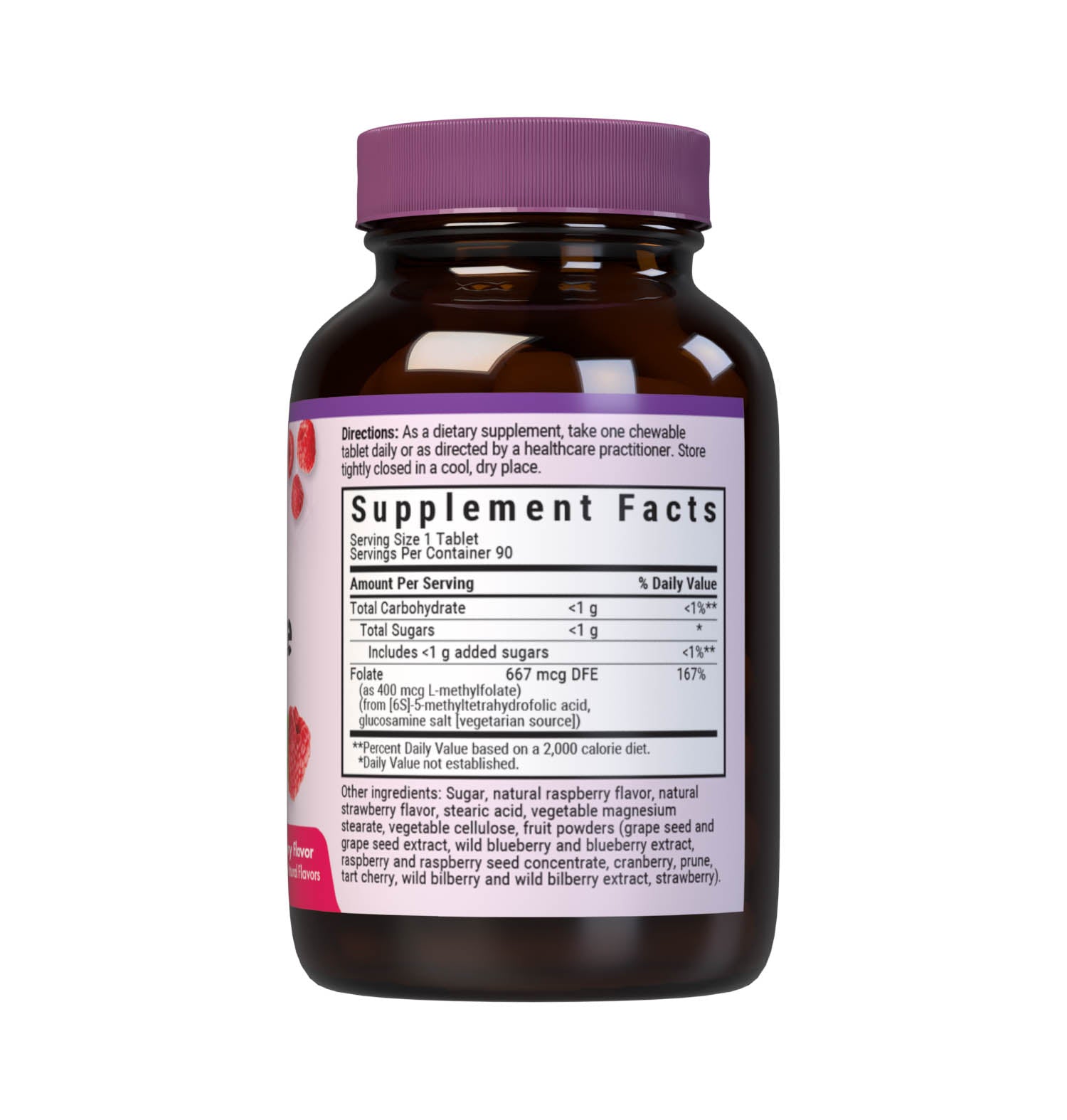 Bluebonnet’s EarthSweet Chewables CellularActive Methylfolate 400 mcg Tablets are formulated with QuatreFolic a fourth generation folate that supports healthy neurological development, and that has superior stability, solubility, safety and bioactivity when compared to other forms. This product sweetened with EarthSweet a proprietary sweetening mix of fruit powders and sugar cane crystals. Supplement facts panel. #size_90 count