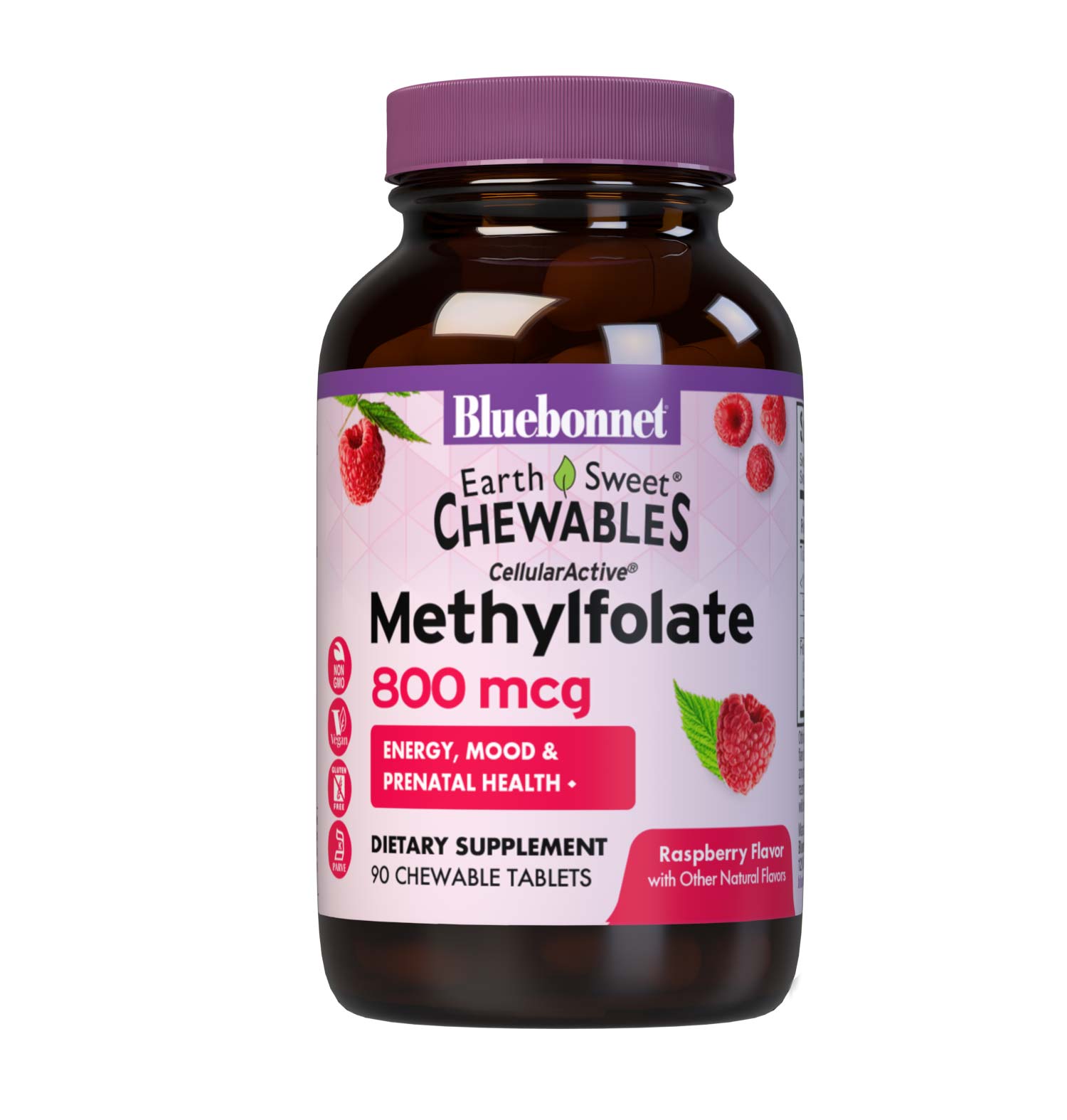 Bluebonnet’s EarthSweet Chewables CellularActive Methylfolate 800 mcg Tablets are formulated with QuatreFolic a fourth generation folate that supports healthy neurological development, and that has superior stability, solubility, safety and bioactivity when compared to other forms. This product sweetened with EarthSweet a proprietary sweetening mix of fruit powders and sugar cane crystals. #size_90 count