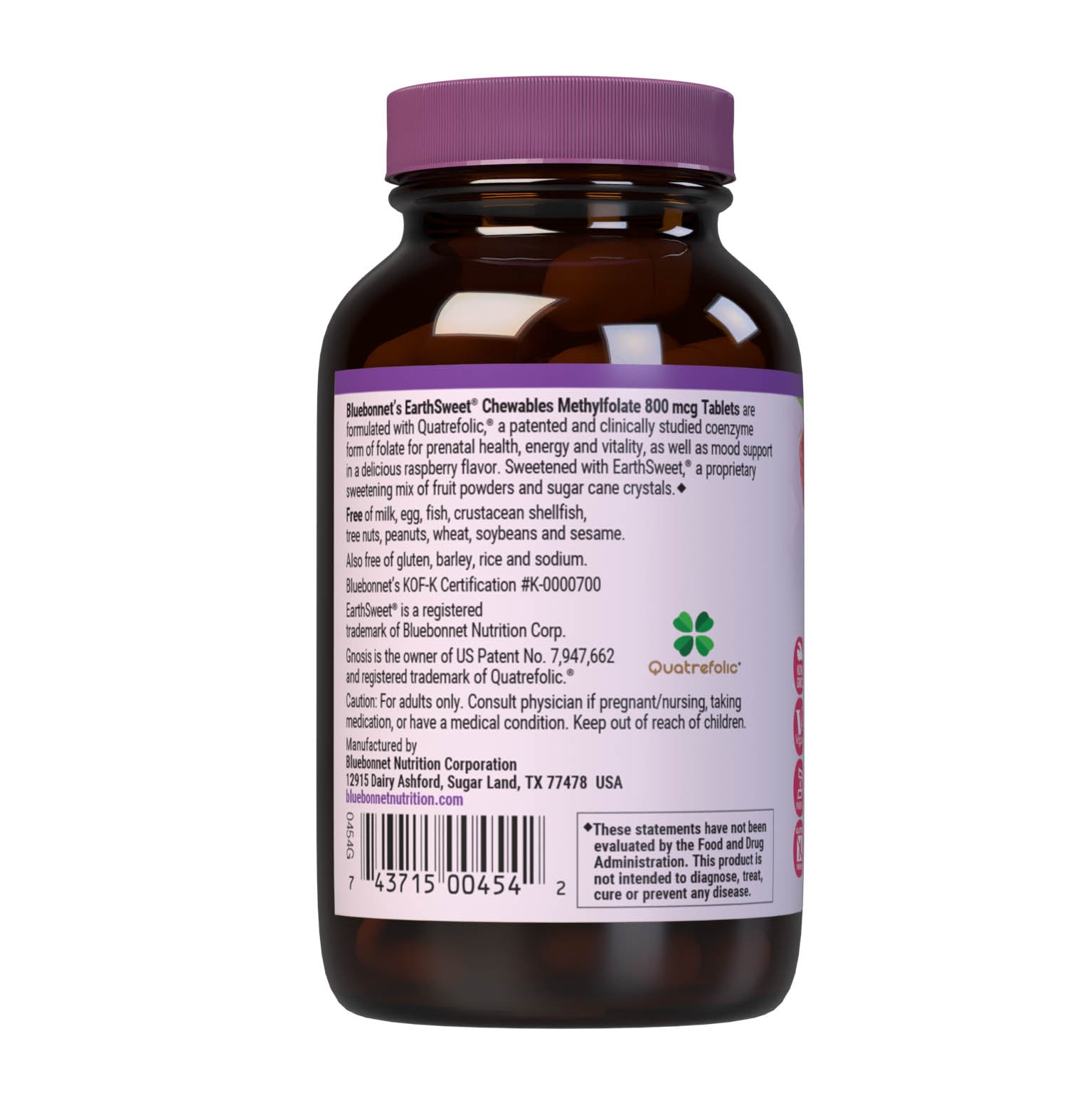 Bluebonnet’s EarthSweet Chewables CellularActive Methylfolate 800 mcg Tablets are formulated with QuatreFolic a fourth generation folate that supports healthy neurological development, and that has superior stability, solubility, safety and bioactivity when compared to other forms. This product sweetened with EarthSweet a proprietary sweetening mix of fruit powders and sugar cane crystals. Description panel. #size_90 count