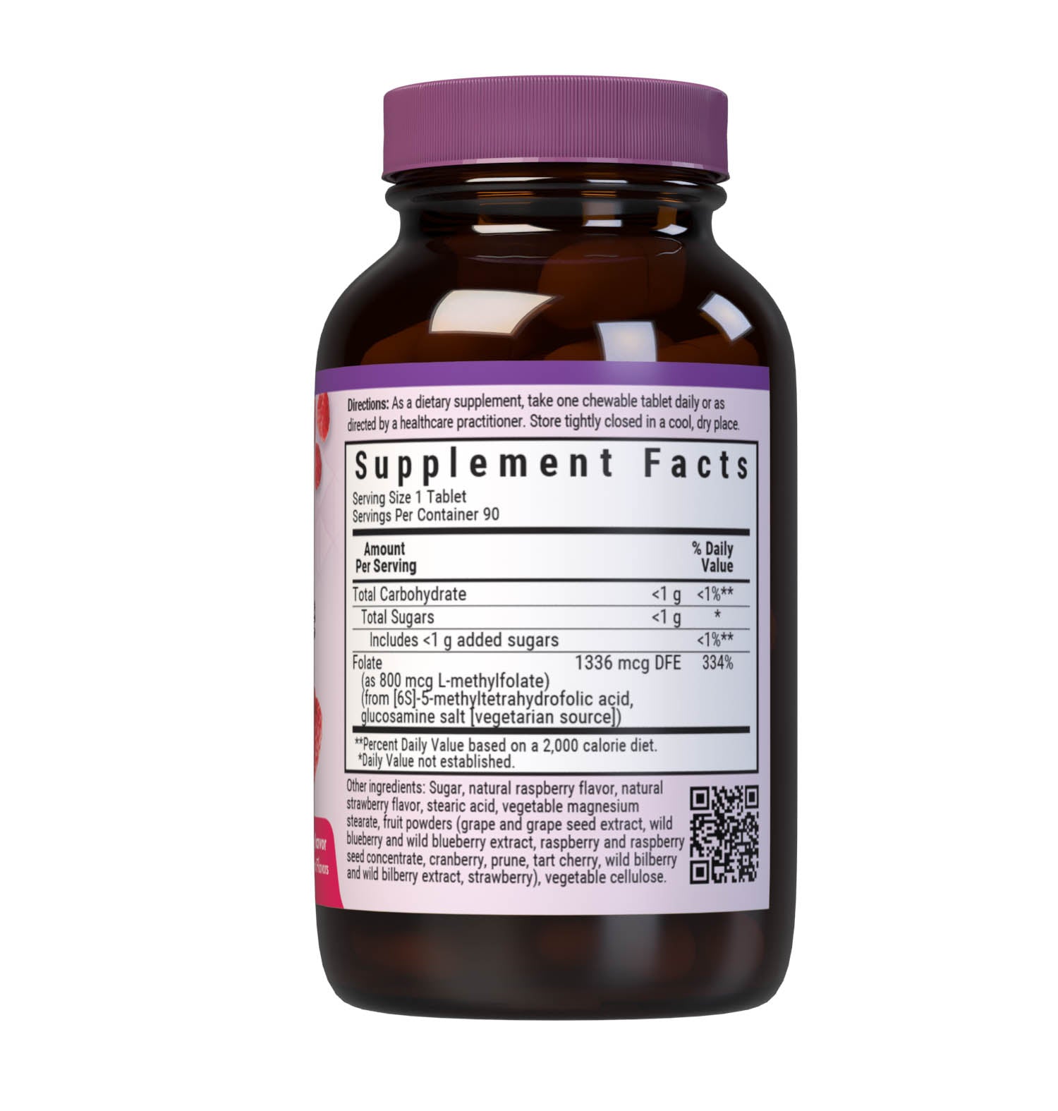 Bluebonnet’s EarthSweet Chewables CellularActive Methylfolate 800 mcg Tablets are formulated with QuatreFolic a fourth generation folate that supports healthy neurological development, and that has superior stability, solubility, safety and bioactivity when compared to other forms. This product sweetened with EarthSweet a proprietary sweetening mix of fruit powders and sugar cane crystals. Supplement facts panel. #size_90 count