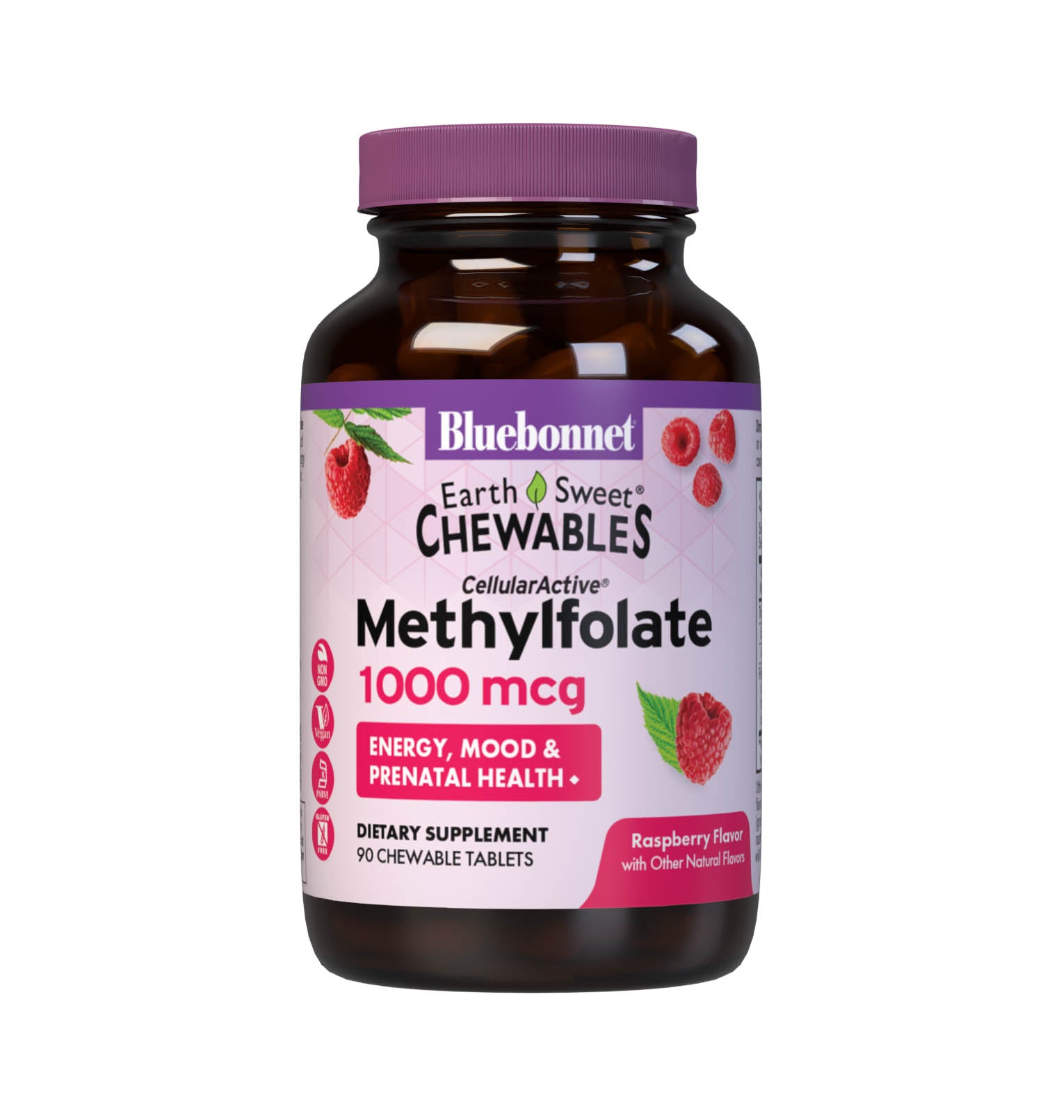Bluebonnet’s EarthSweet Chewables CellularActive Methylfolate 1000 mcg Tablets are formulated with QuatreFolic a fourth generation folate that supports healthy neurological development, and that has superior stability, solubility, safety and bioactivity when compared to other forms. This product sweetened with EarthSweet a proprietary sweetening mix of fruit powders and sugar cane crystals.  #size_90 count