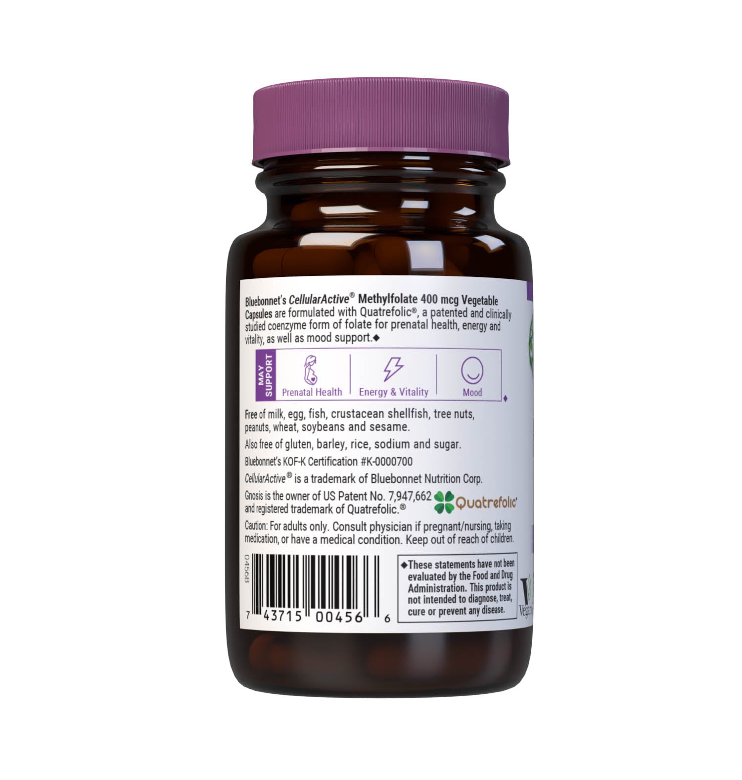 Bluebonnet’s CellularActive Methylfolate 400 mcg Vegetable Capsules are formulated with Quatrefolic, a patented and clinically studied coenzyme form of folate for prenatal health, energy and vitality, as well as mood support. Description panel. #size_60 count