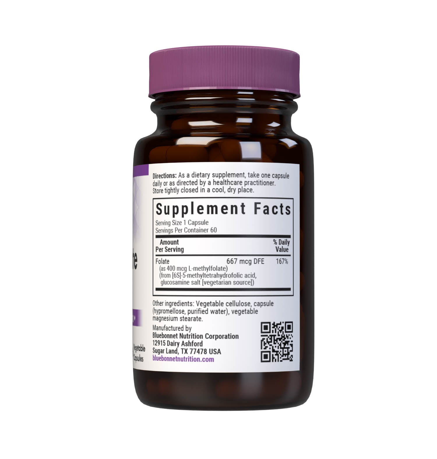 Bluebonnet’s CellularActive Methylfolate 400 mcg Vegetable Capsules are formulated with Quatrefolic, a patented and clinically studied coenzyme form of folate for prenatal health, energy and vitality, as well as mood support. Supplement facts panel. #size_60 count