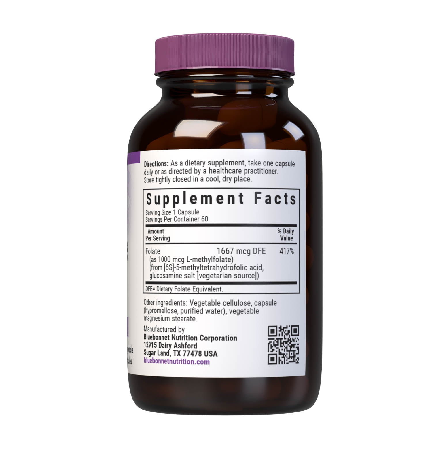 Bluebonnet’s CellularActive Methylfolate 1000 mcg Vegetable Capsules are formulated with Quatrefolic, a patented and clinically studied coenzyme form of folate for prenatal health, energy and vitality, as well as mood support. Supplement facts panel. #size_60 count