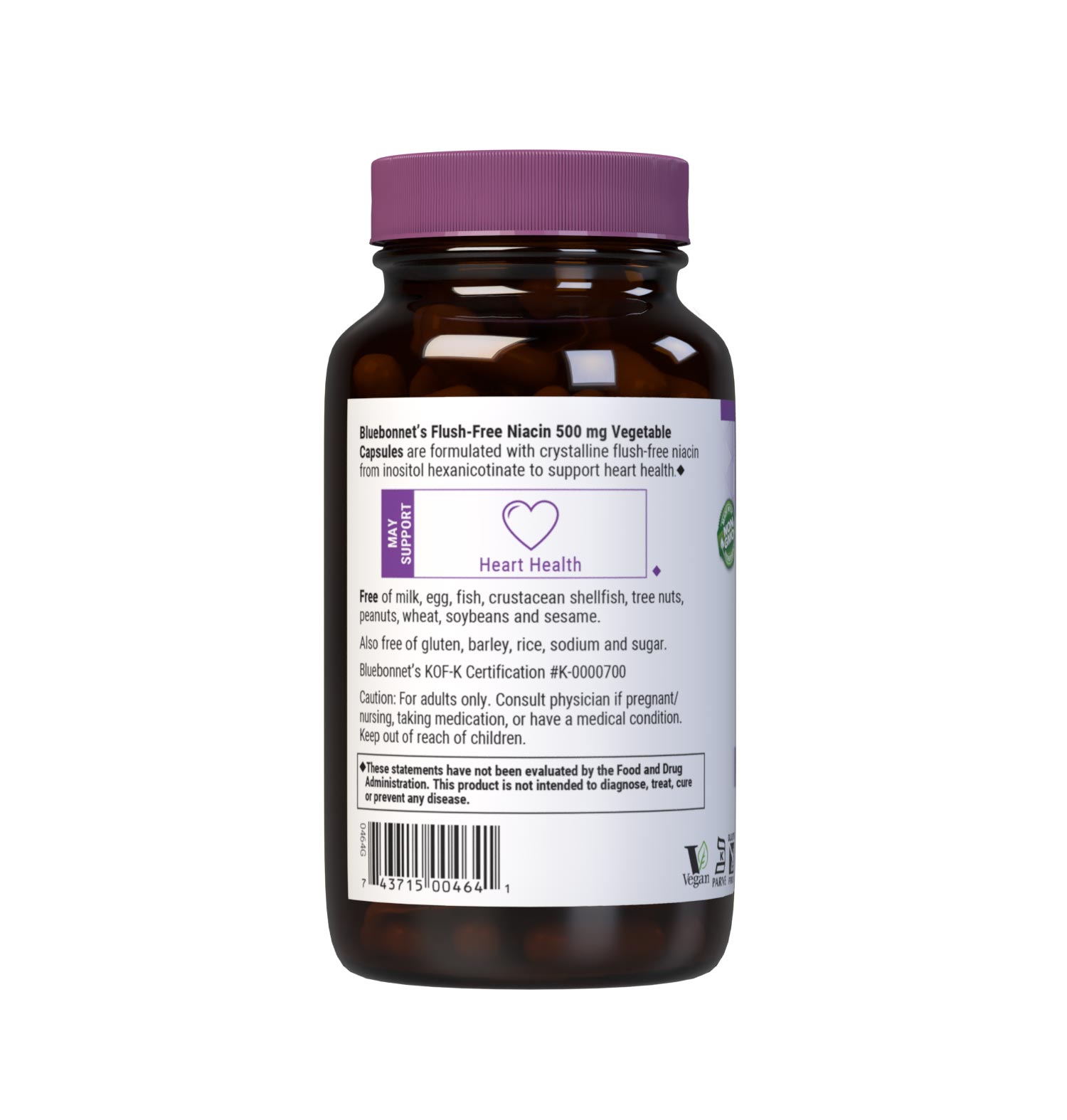 Bluebonnet’s Flush-Free Niacin 500 mg Vegetable Capsules are formulated with crystalline flush-free niacin from inositol hexanicotinate to help support cardiovascular health. Description panel. #size_120 count