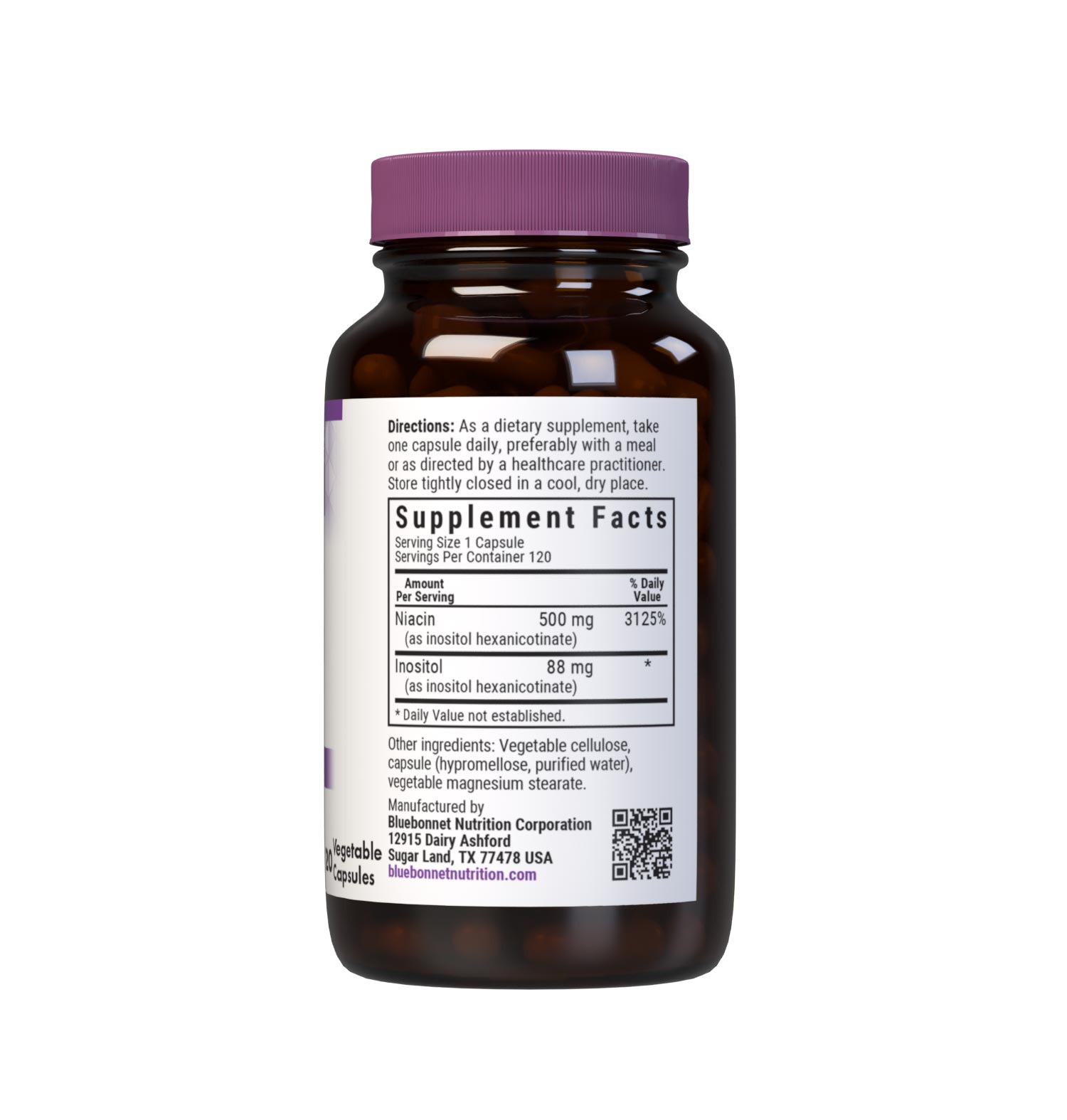 Bluebonnet’s Flush-Free Niacin 500 mg Vegetable Capsules are formulated with crystalline flush-free niacin from inositol hexanicotinate to help support cardiovascular health. Supplement facts panel. #size_120 count