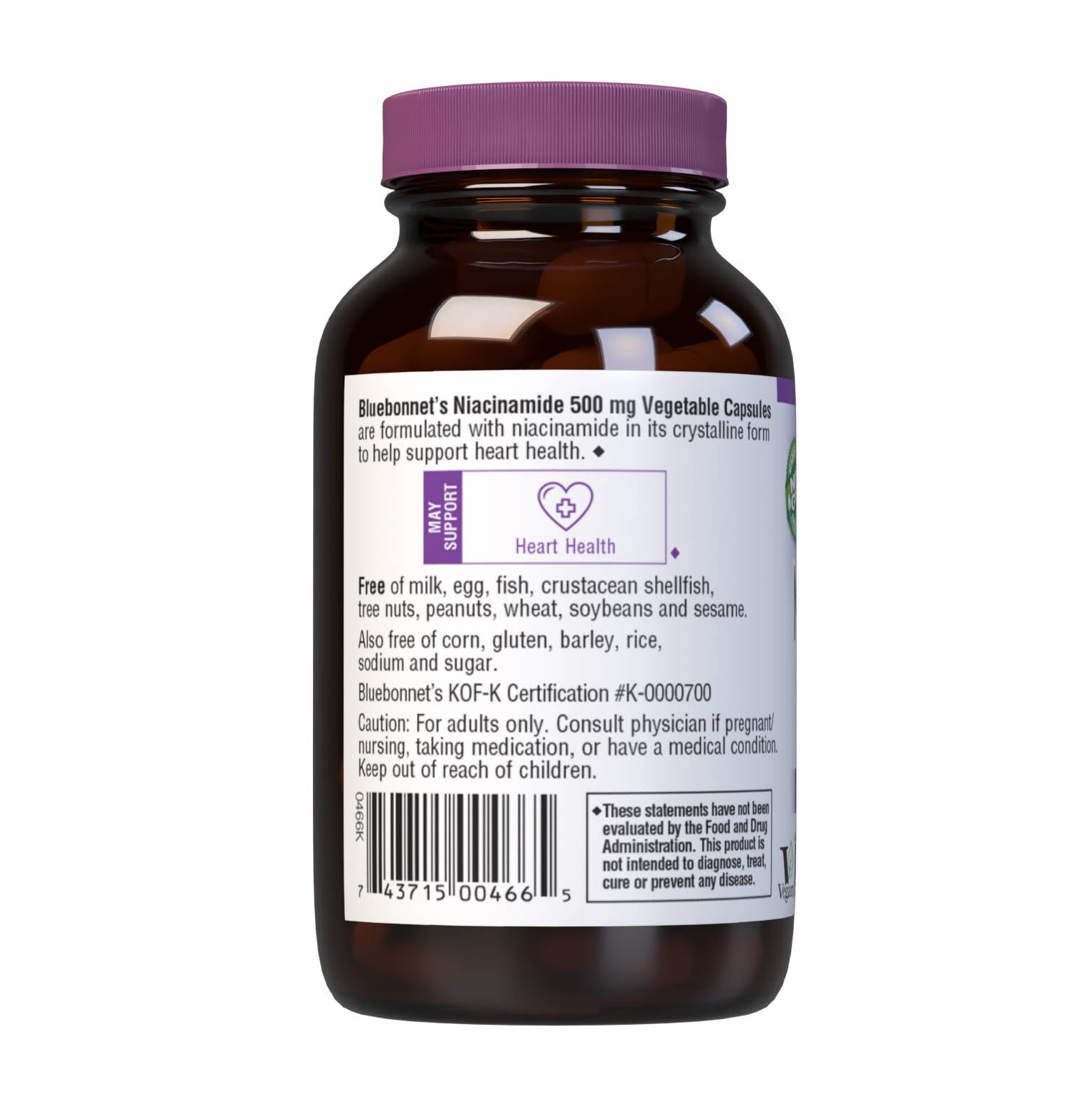 Bluebonnet’s Niacinamide 500 mg Vegetable Capsules are formulated with niacinamide in its crystalline form to help support heart health. Description panel. #size_60 count