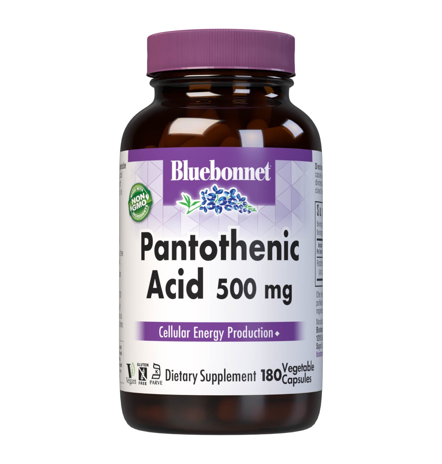 Bluebonnet’s Pantothenic Acid 500 mg 180 Vegetable Capsules are formulated with pantothenic acid from calcium D-pantothenate. Tested for potency and purity in our own state-of-the-art laboratory. Pantothenic acid may support cellular energy production. #size_180 count