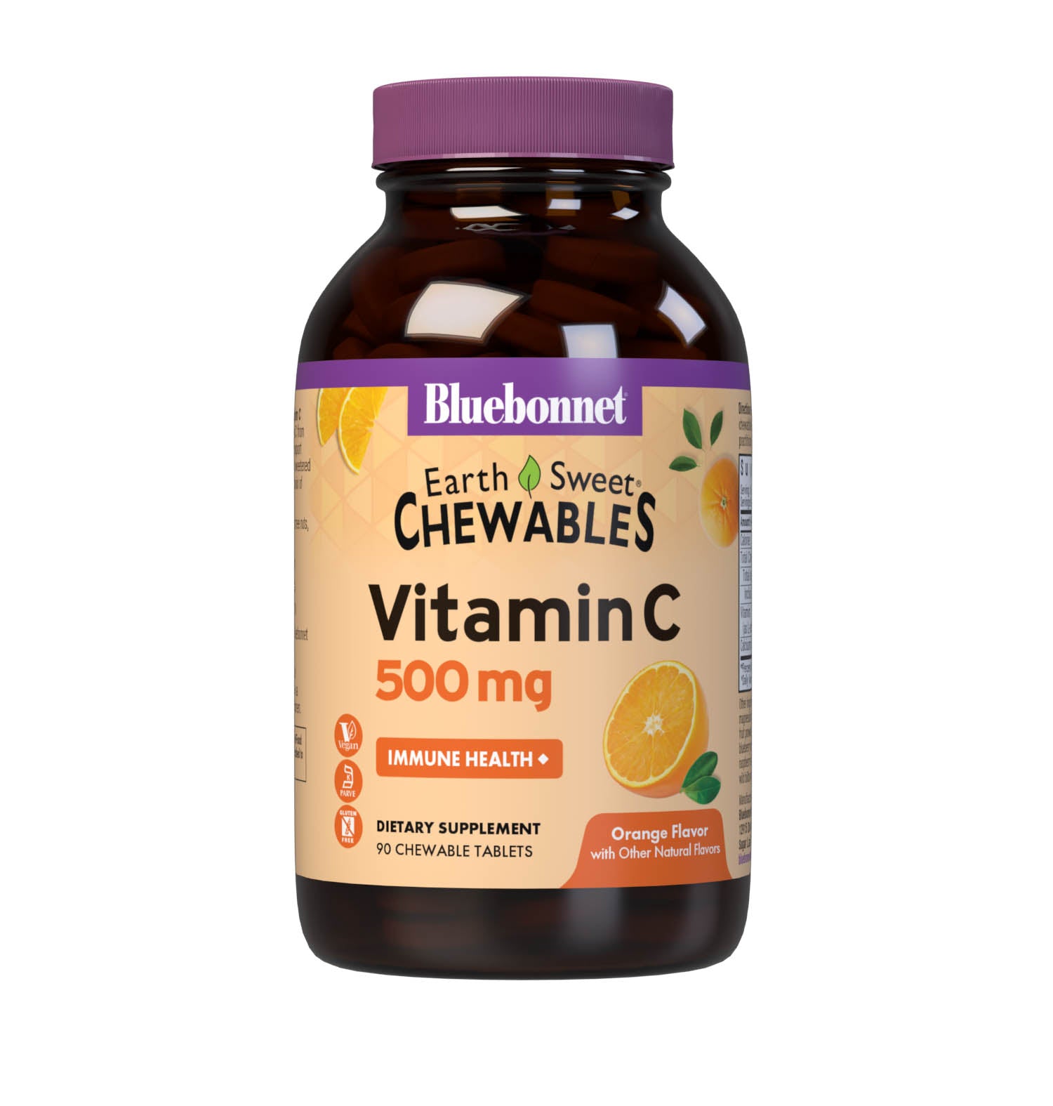 Bluebonnet’s EarthSweet Chewables Vitamin C 500 mg 90 Tablets are formulated with vitamin C from L-ascorbic acid and calcium ascorbate to help support immune function in a delicious orange flavor. Sweetened with EarthSweet, a proprietary sweetening mix of juice powders and sugar cane crystals. #size_90 count